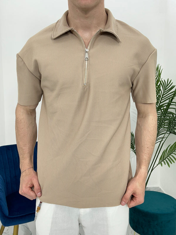 POLO CON ZIP A COSTINE TAGLIO VIVO COL.BEIGE