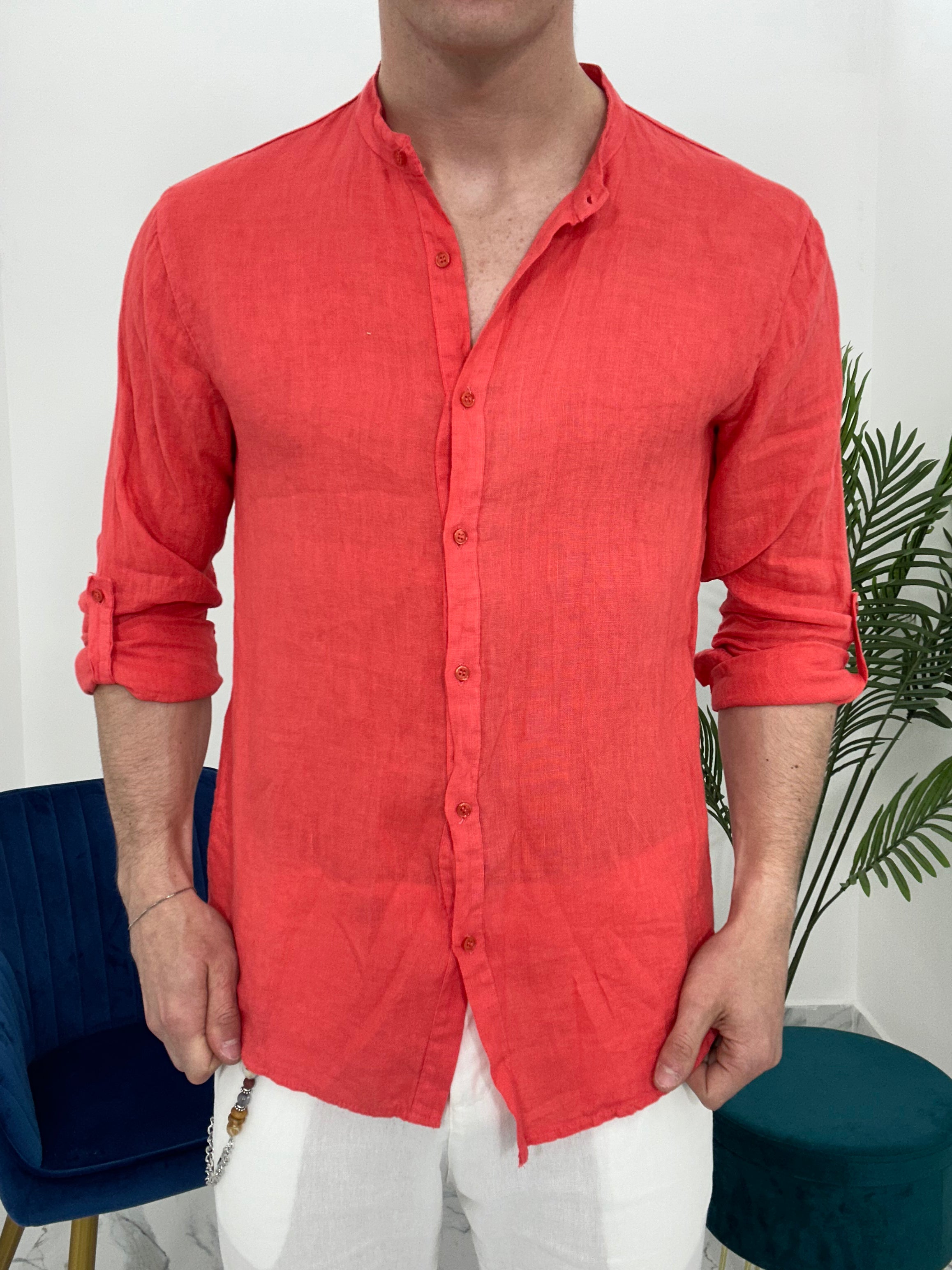 CAMICIA IN LINO COLLO COREANO 0895 col.CORALLO