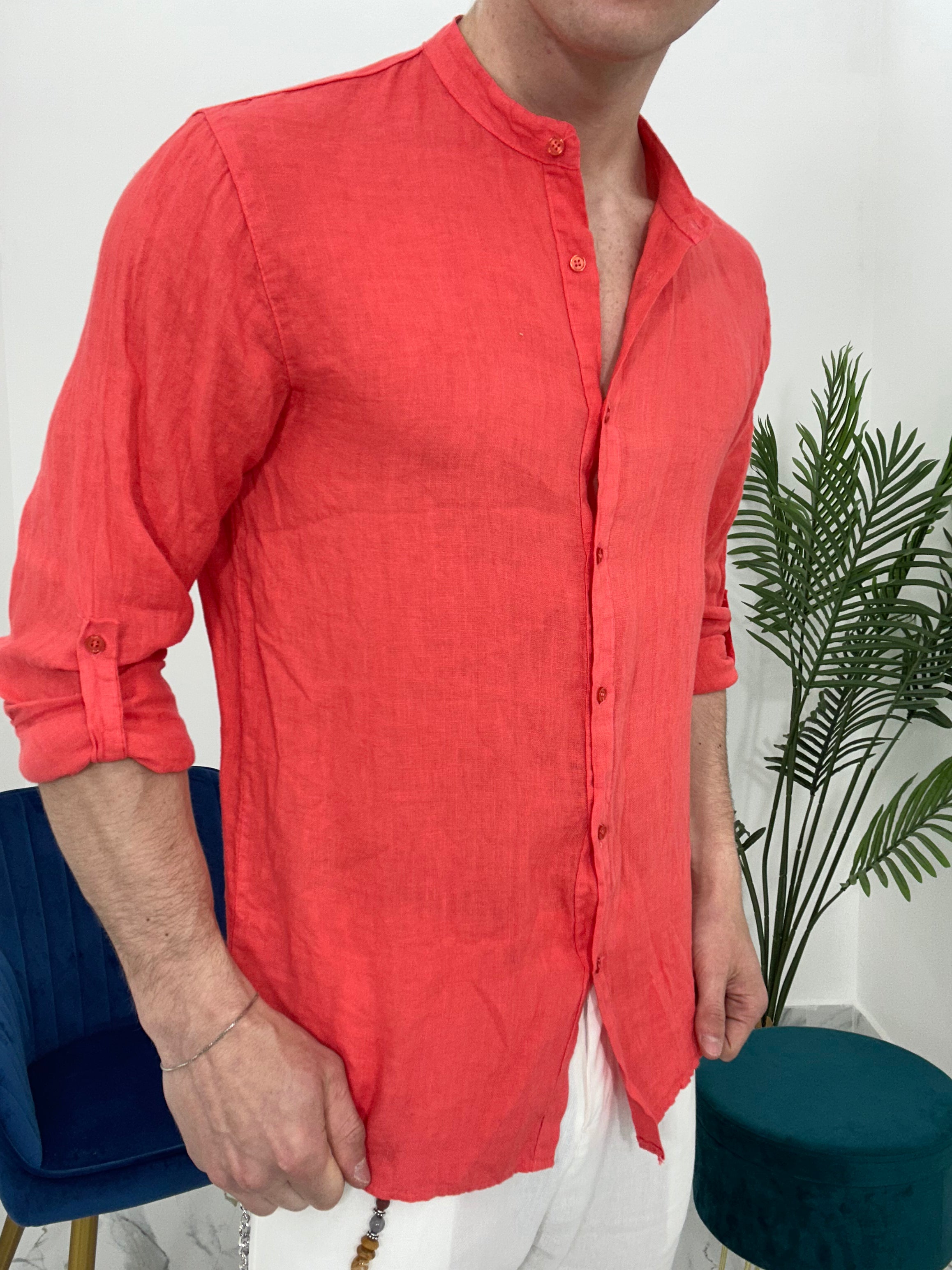 CAMICIA IN LINO COLLO COREANO 0895 col.CORALLO