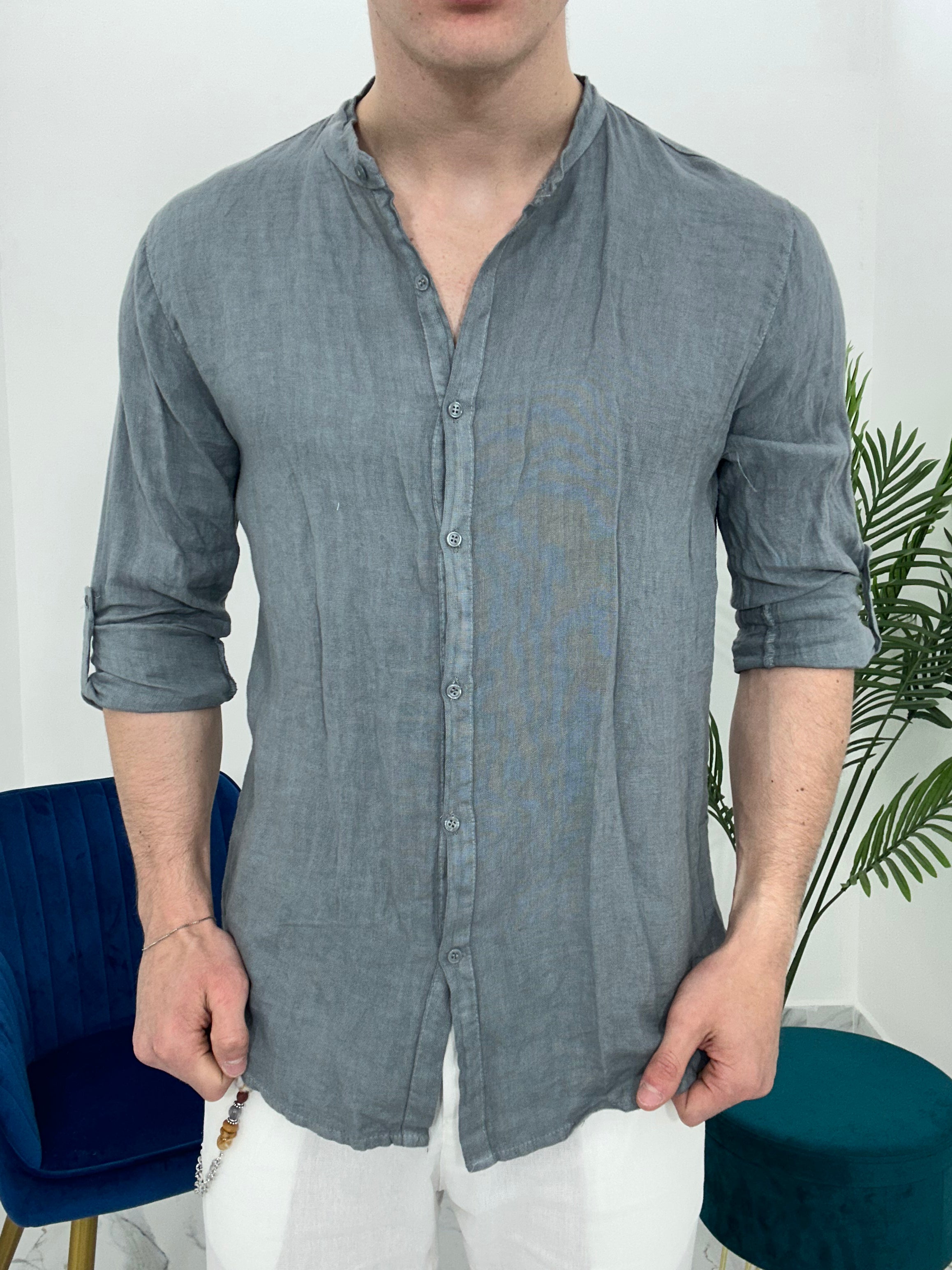CAMICIA IN LINO COLLO COREANO 0895 col.GRIGIO
