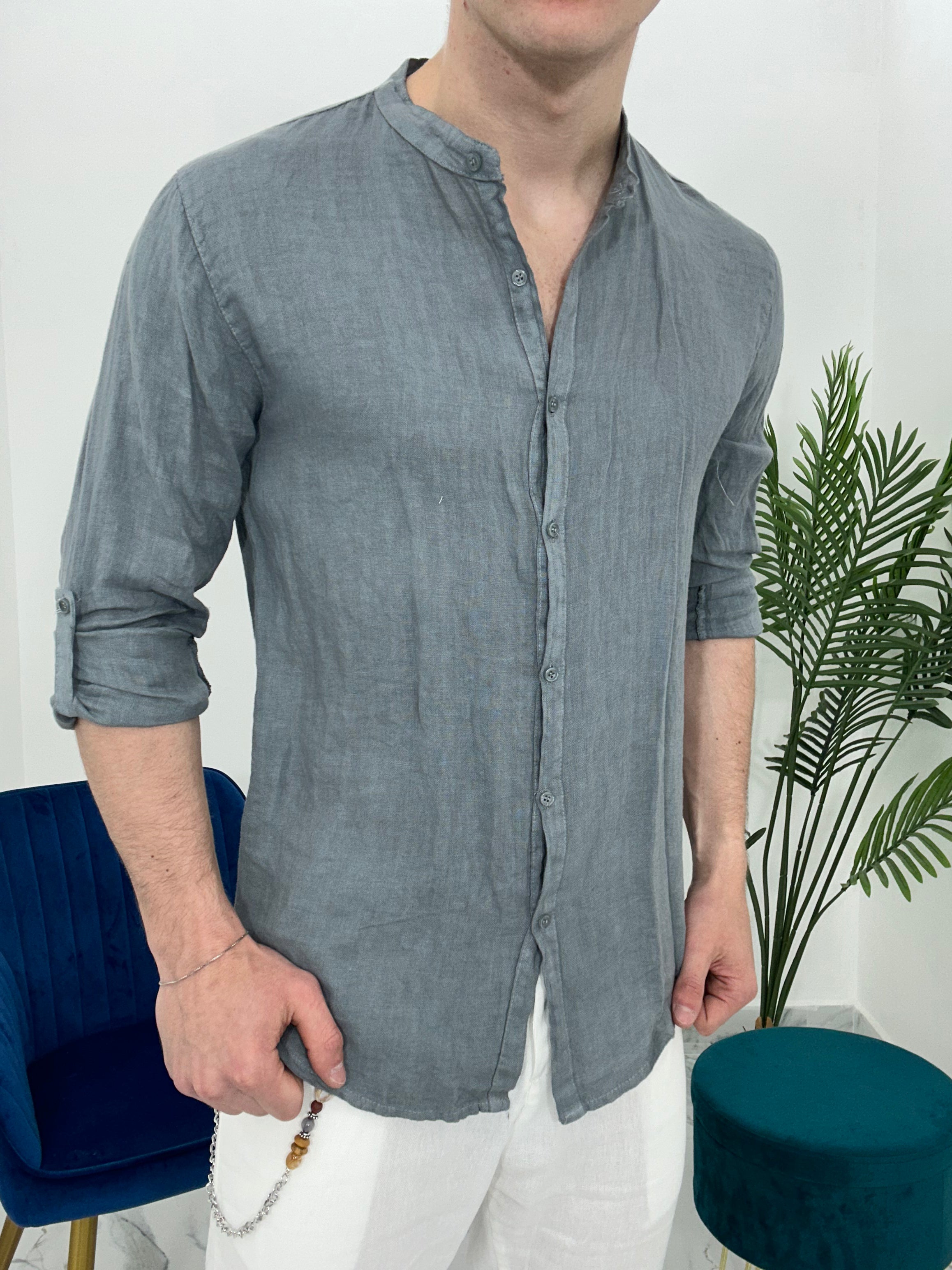 CAMICIA IN LINO COLLO COREANO 0895 col.GRIGIO