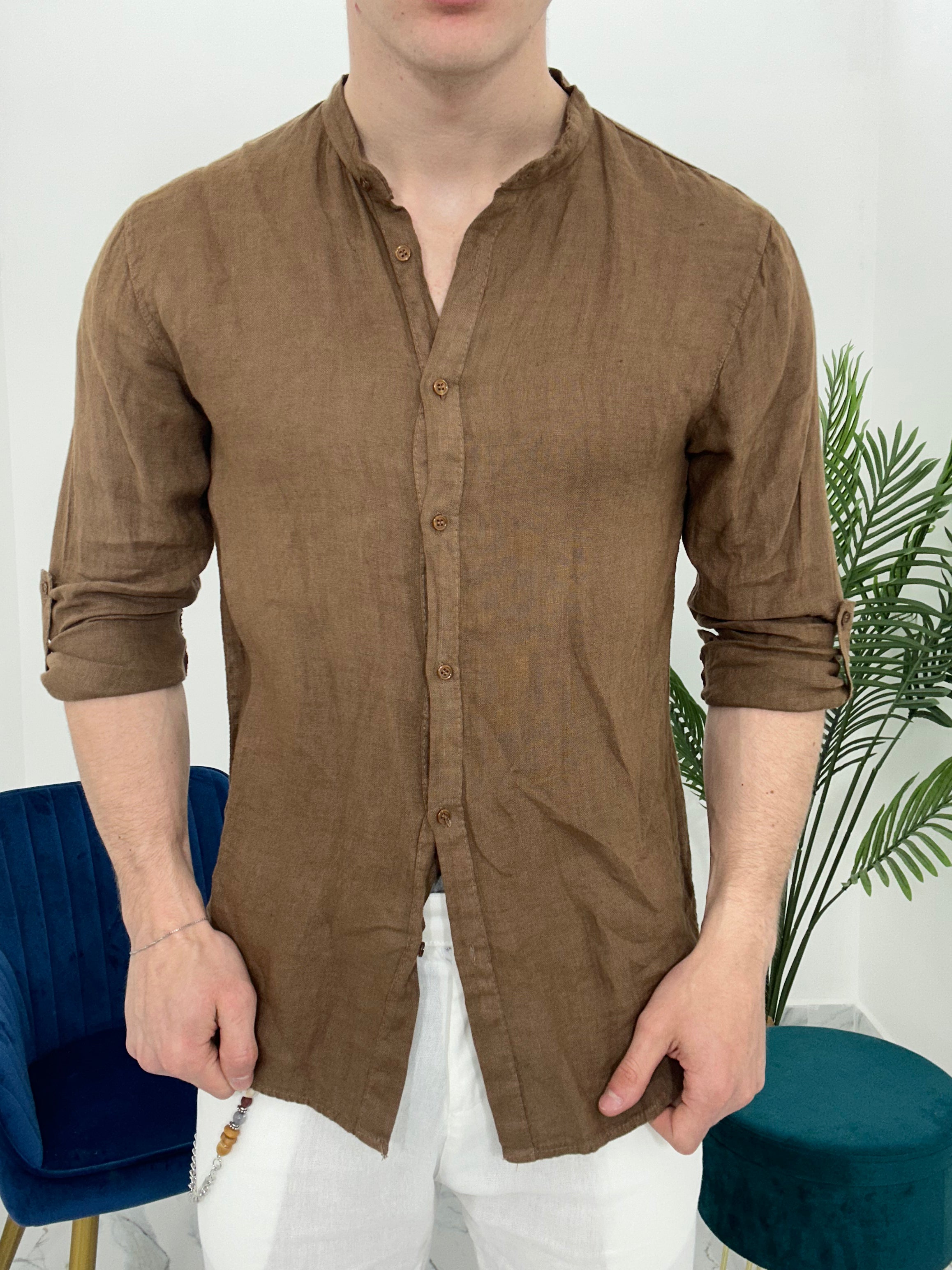 CAMICIA IN LINO COLLO COREANO 0895 col.MORO