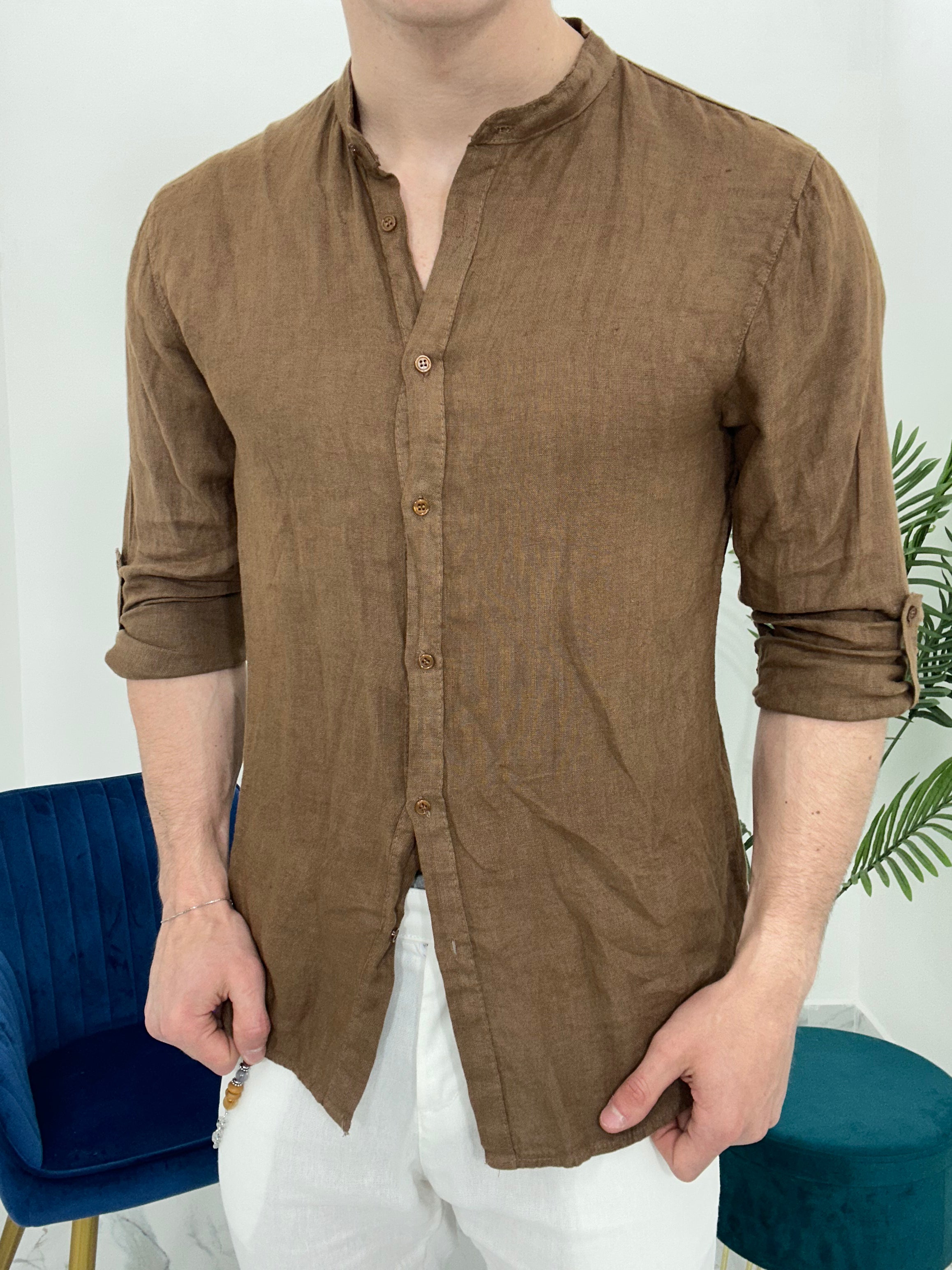 CAMICIA IN LINO COLLO COREANO 0895 col.MORO