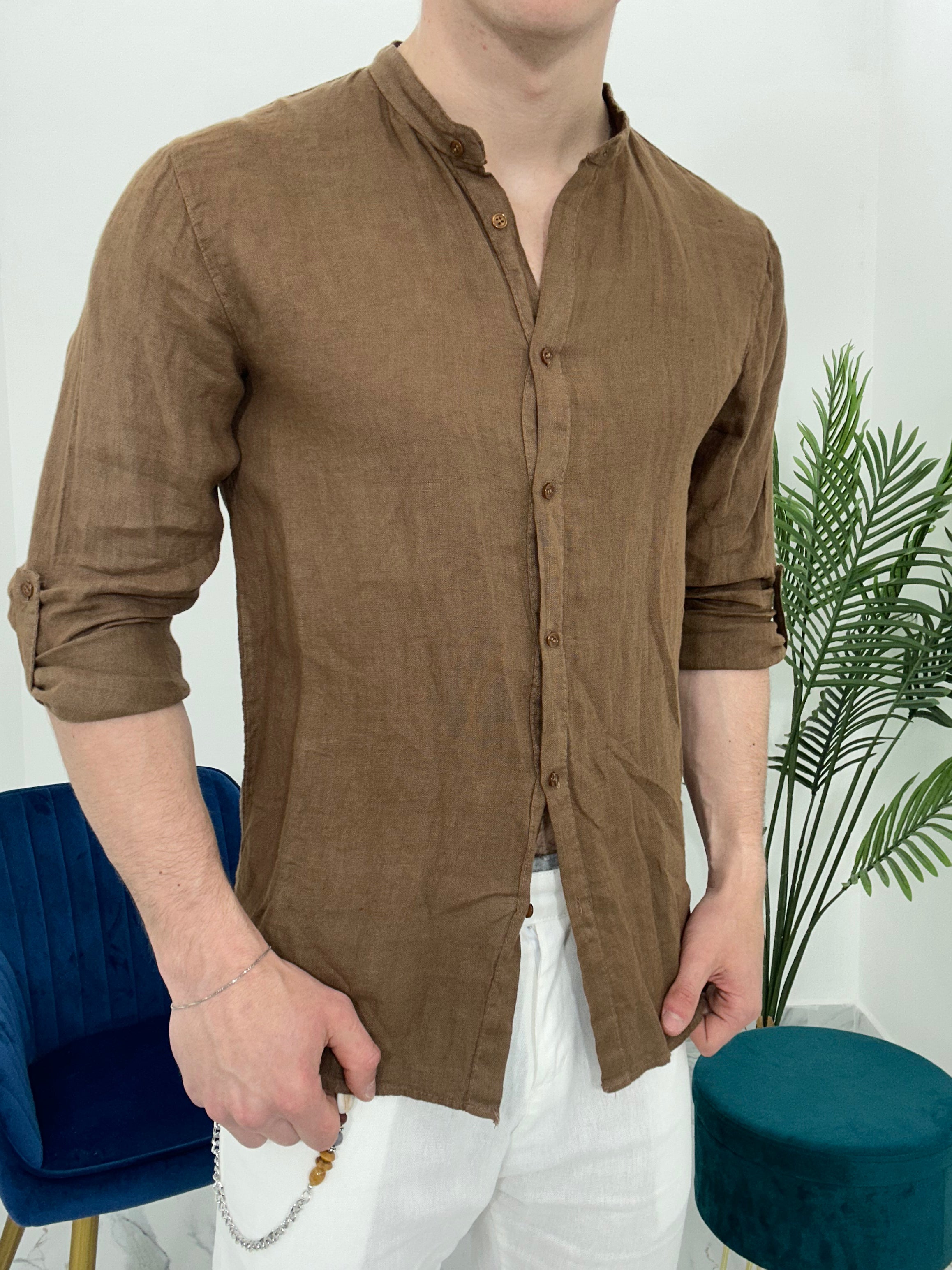 CAMICIA IN LINO COLLO COREANO 0895 col.MORO