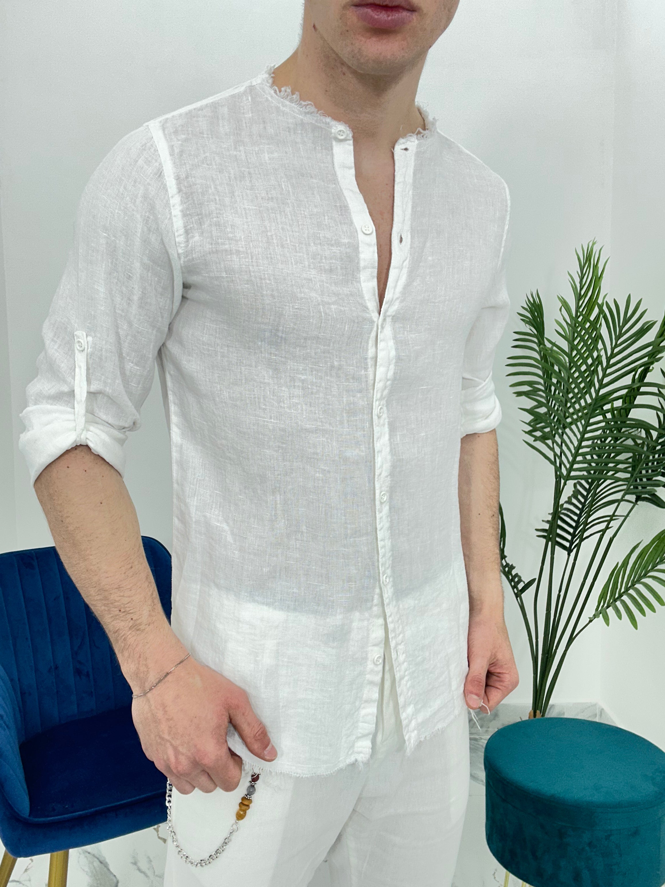 CAMICIA IN LINO SFRANGIATA col.BIANCO