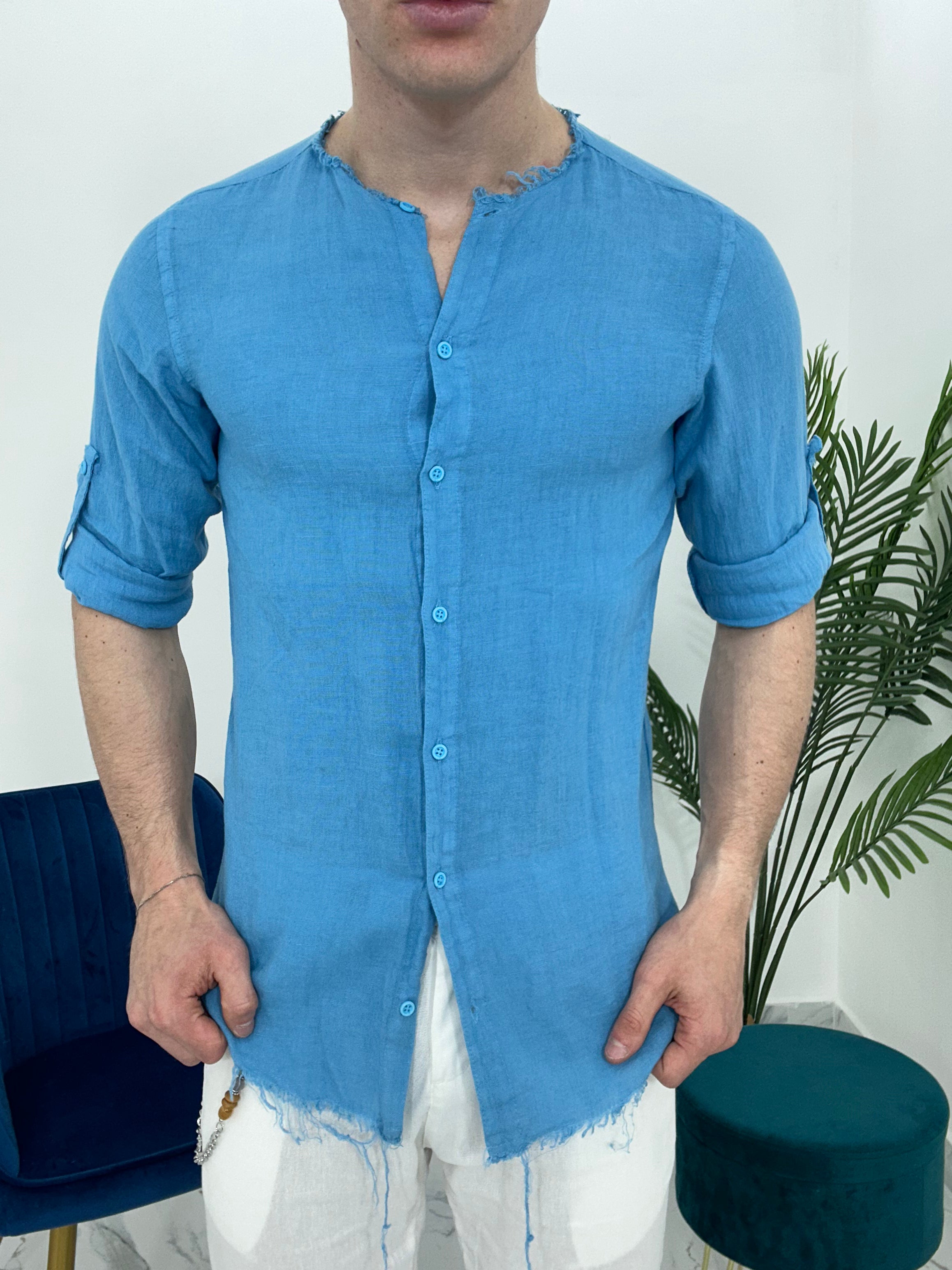CAMICIA IN LINO SFRANGIATA col.TURCHESE
