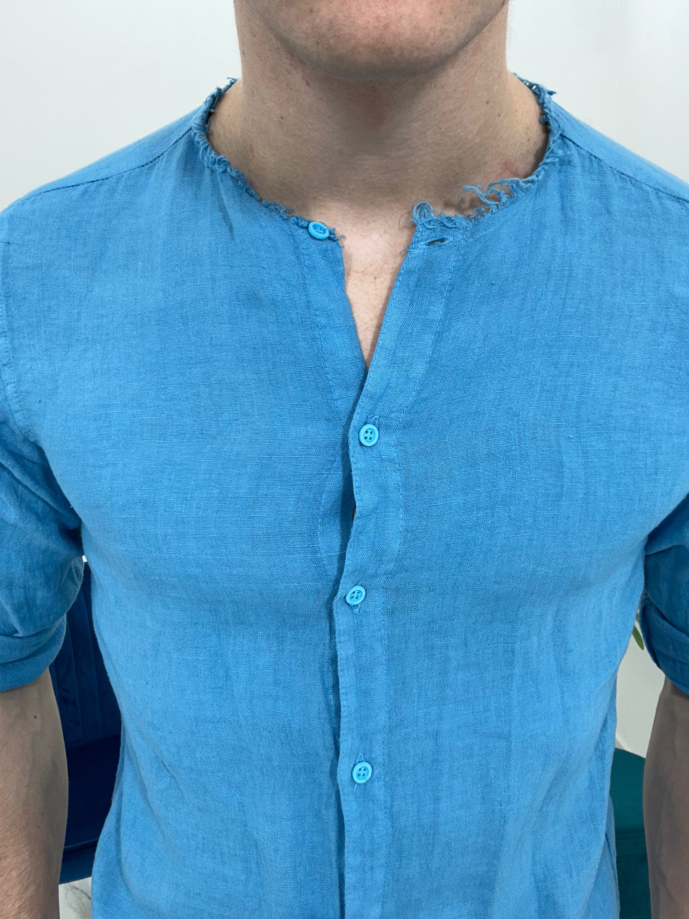 CAMICIA IN LINO SFRANGIATA col.TURCHESE