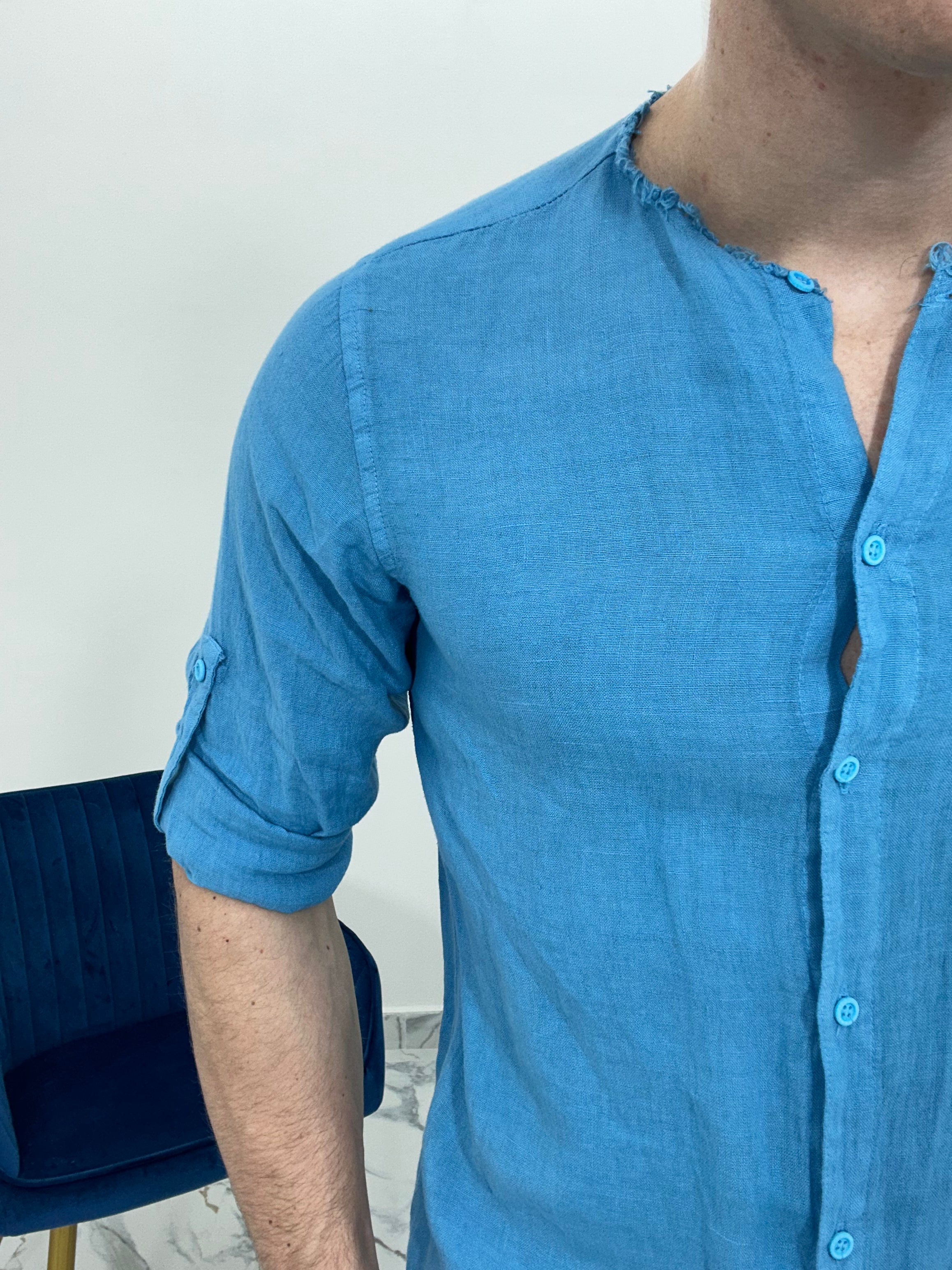 CAMICIA IN LINO SFRANGIATA col.TURCHESE