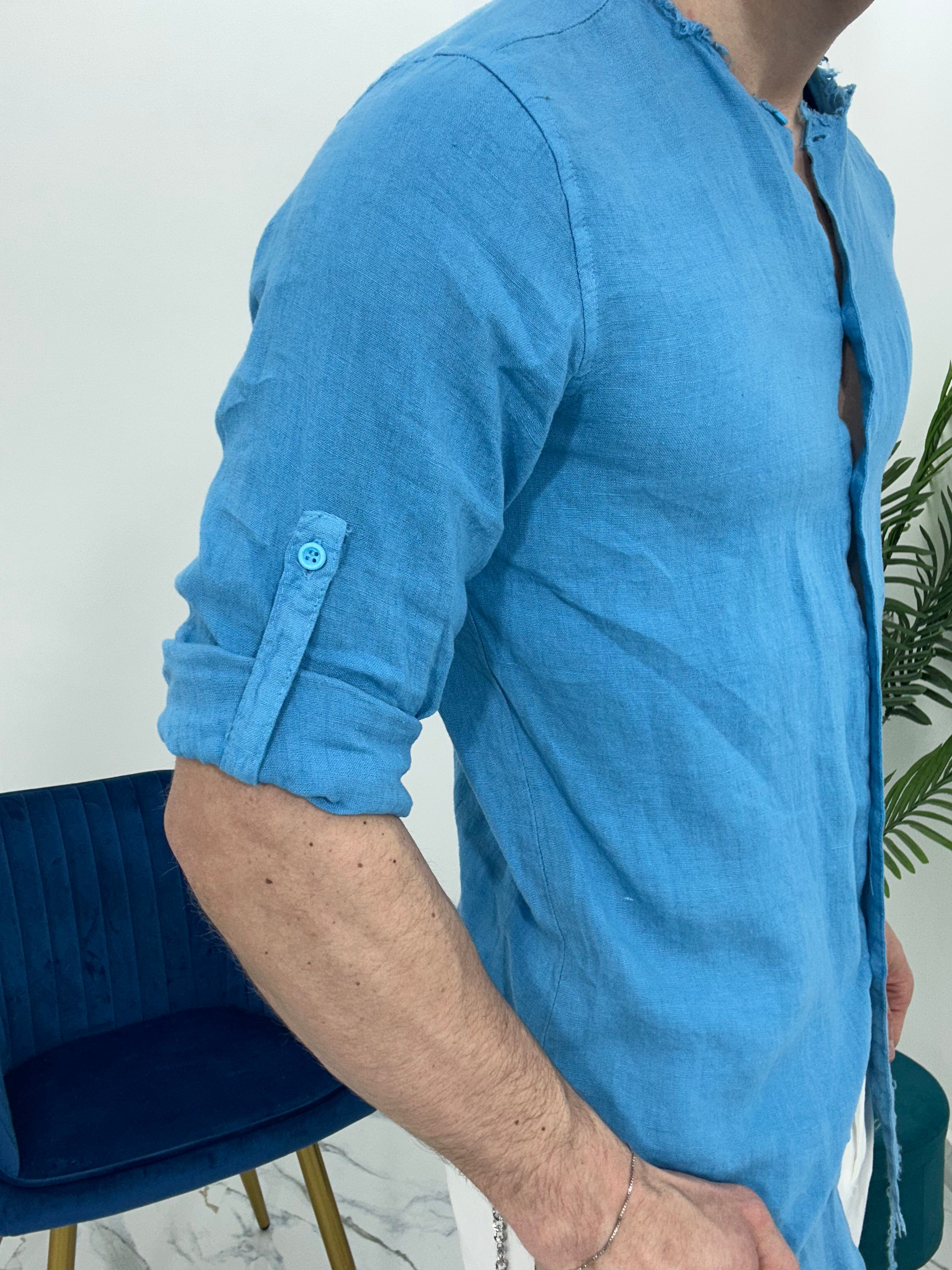 CAMICIA IN LINO SFRANGIATA col.TURCHESE