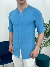 CAMICIA IN LINO SFRANGIATA col.TURCHESE