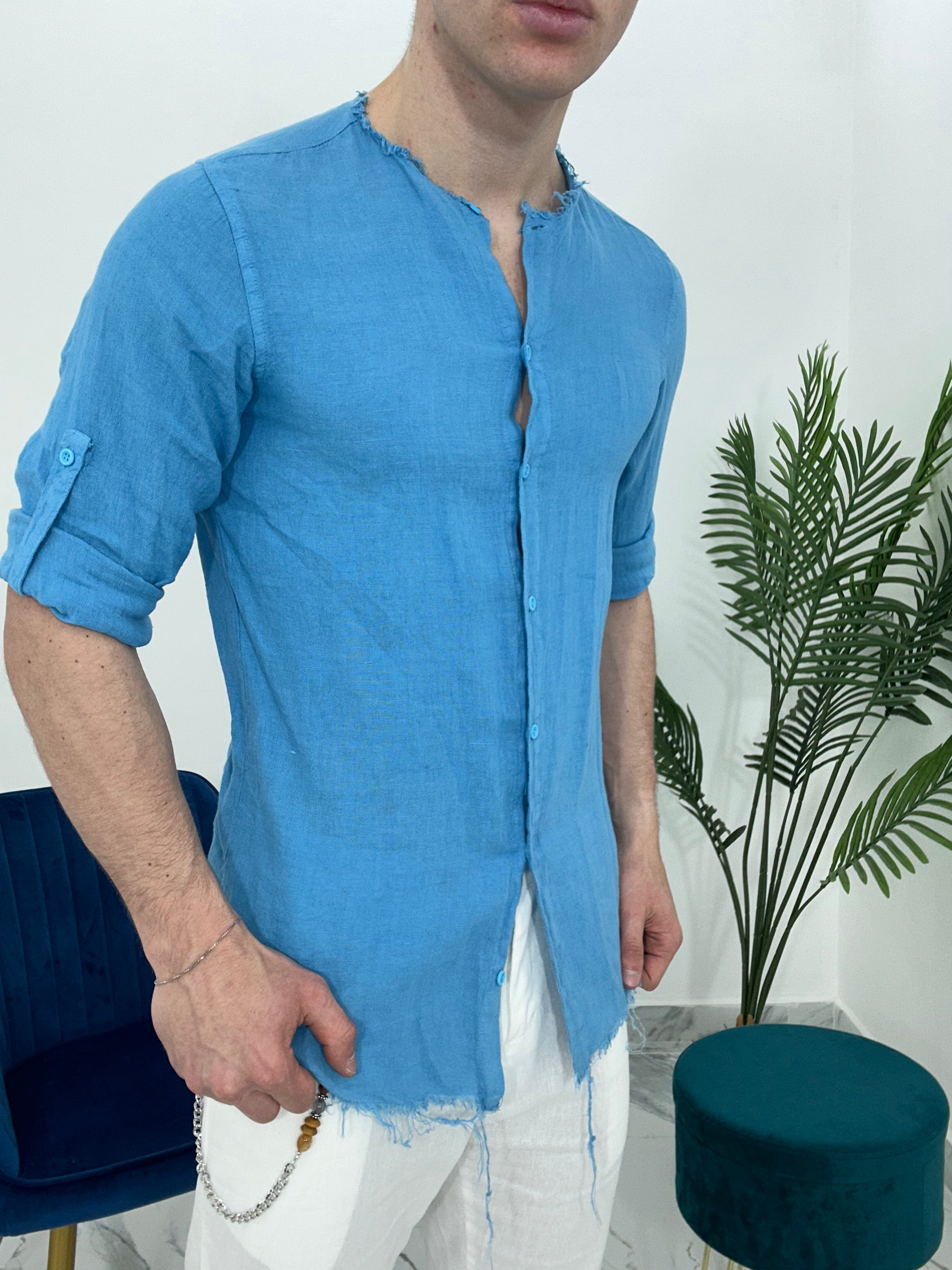 CAMICIA IN LINO SFRANGIATA col.TURCHESE
