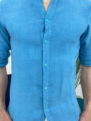 CAMICIA IN LINO SFRANGIATA col.TURCHESE