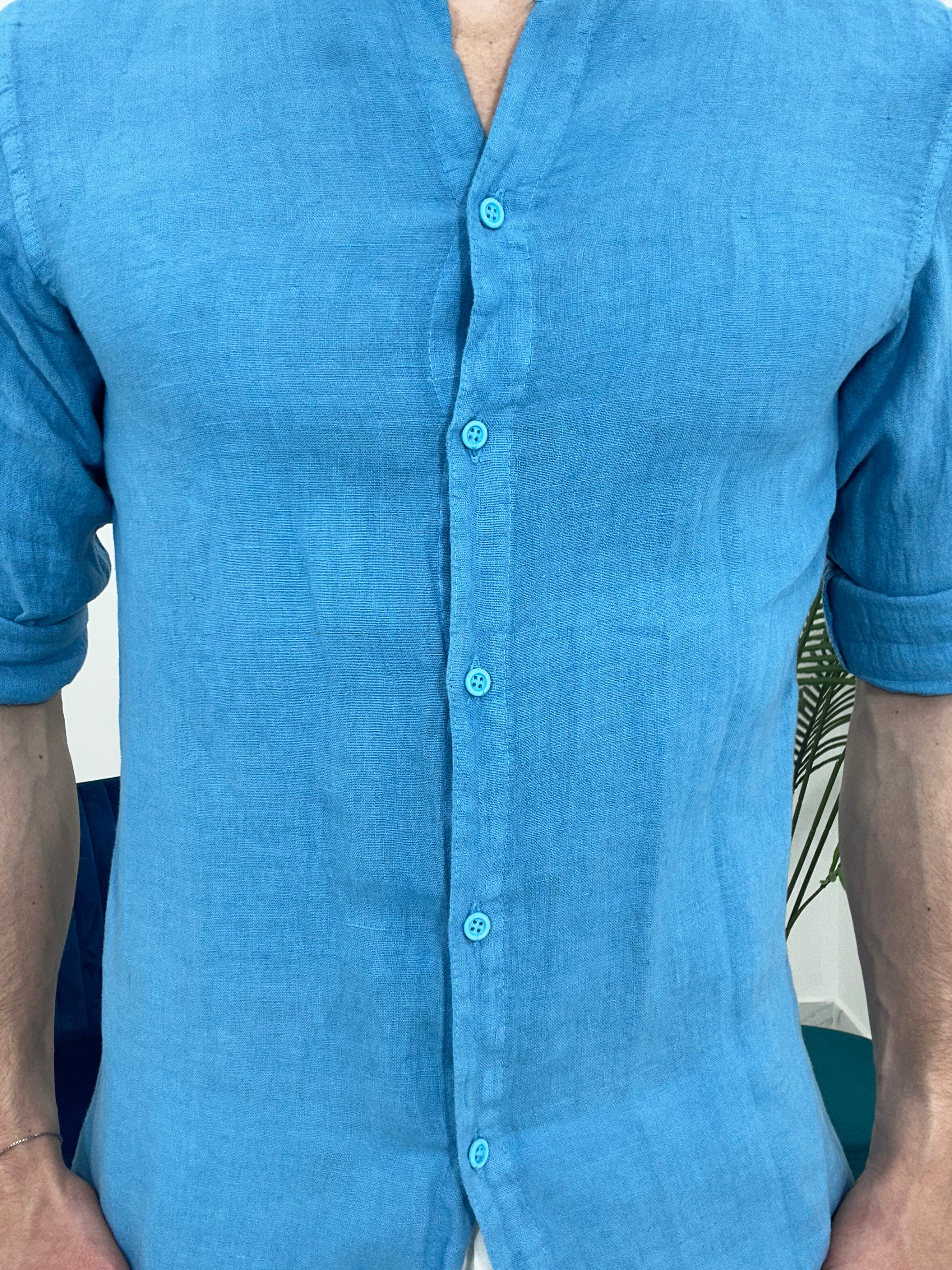 CAMICIA IN LINO SFRANGIATA col.TURCHESE