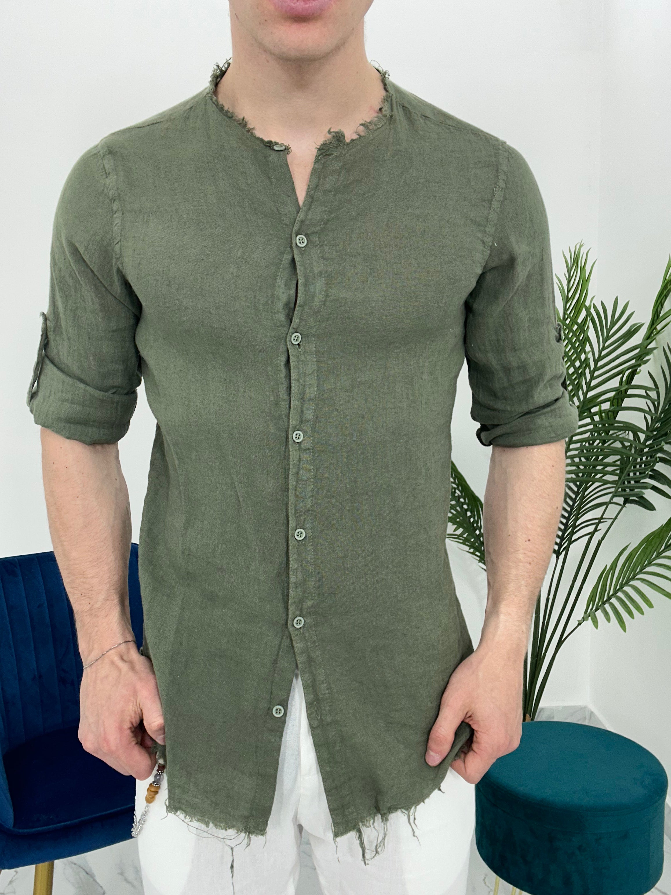 CAMICIA IN LINO SFRANGIATA col.VERDE