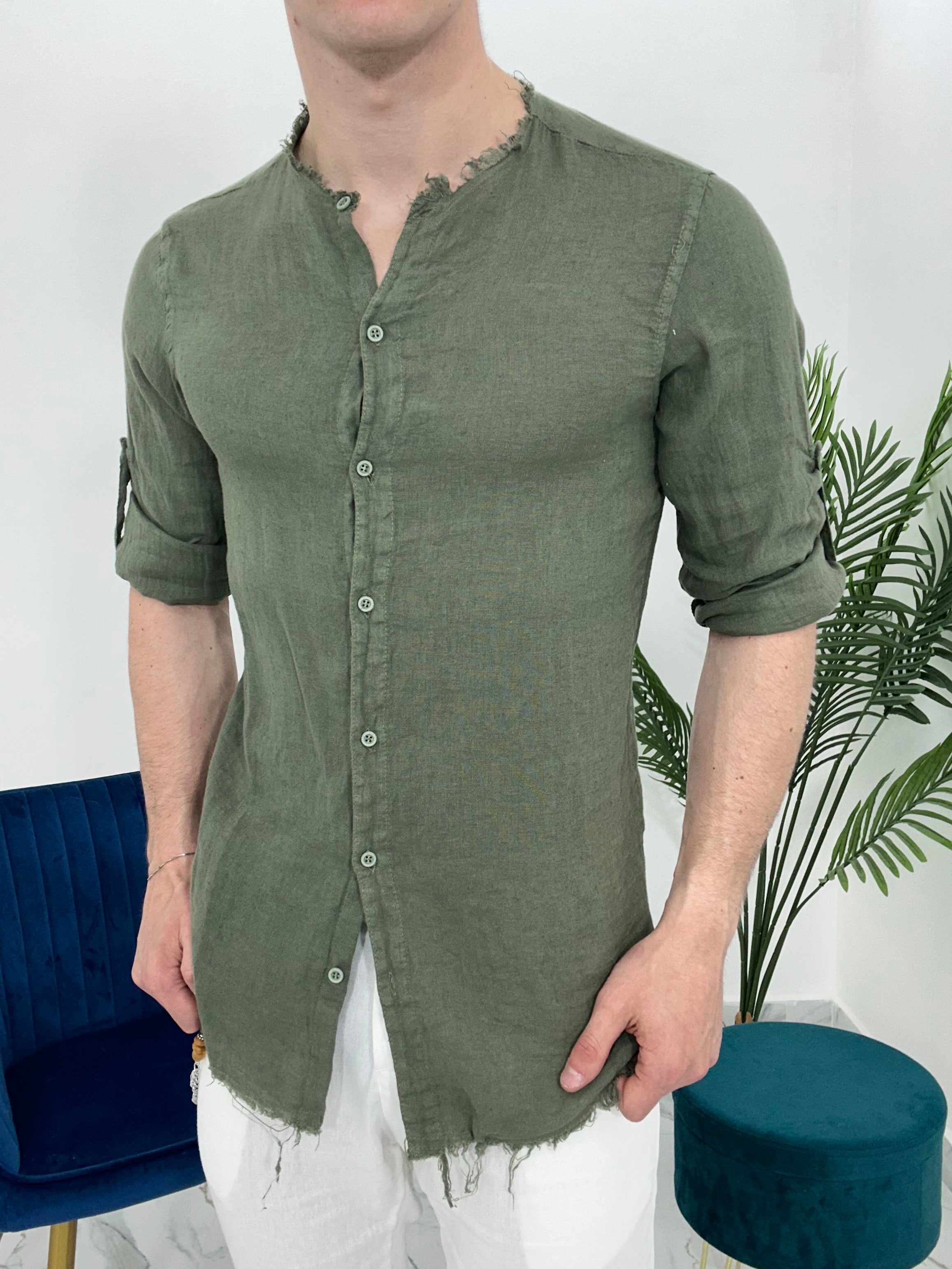 CAMICIA IN LINO SFRANGIATA col.VERDE