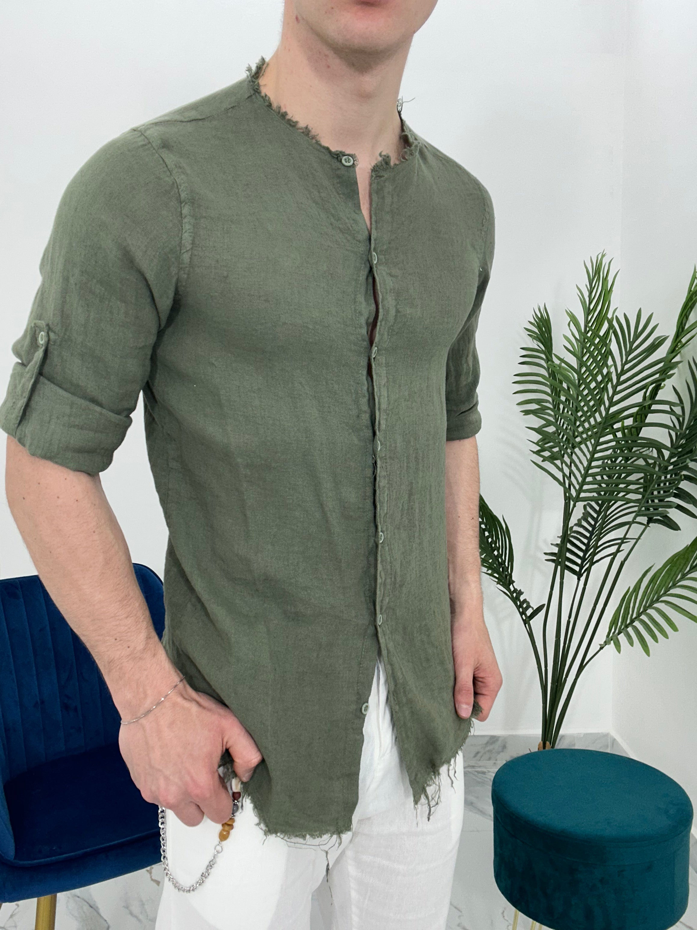 CAMICIA IN LINO SFRANGIATA col.VERDE