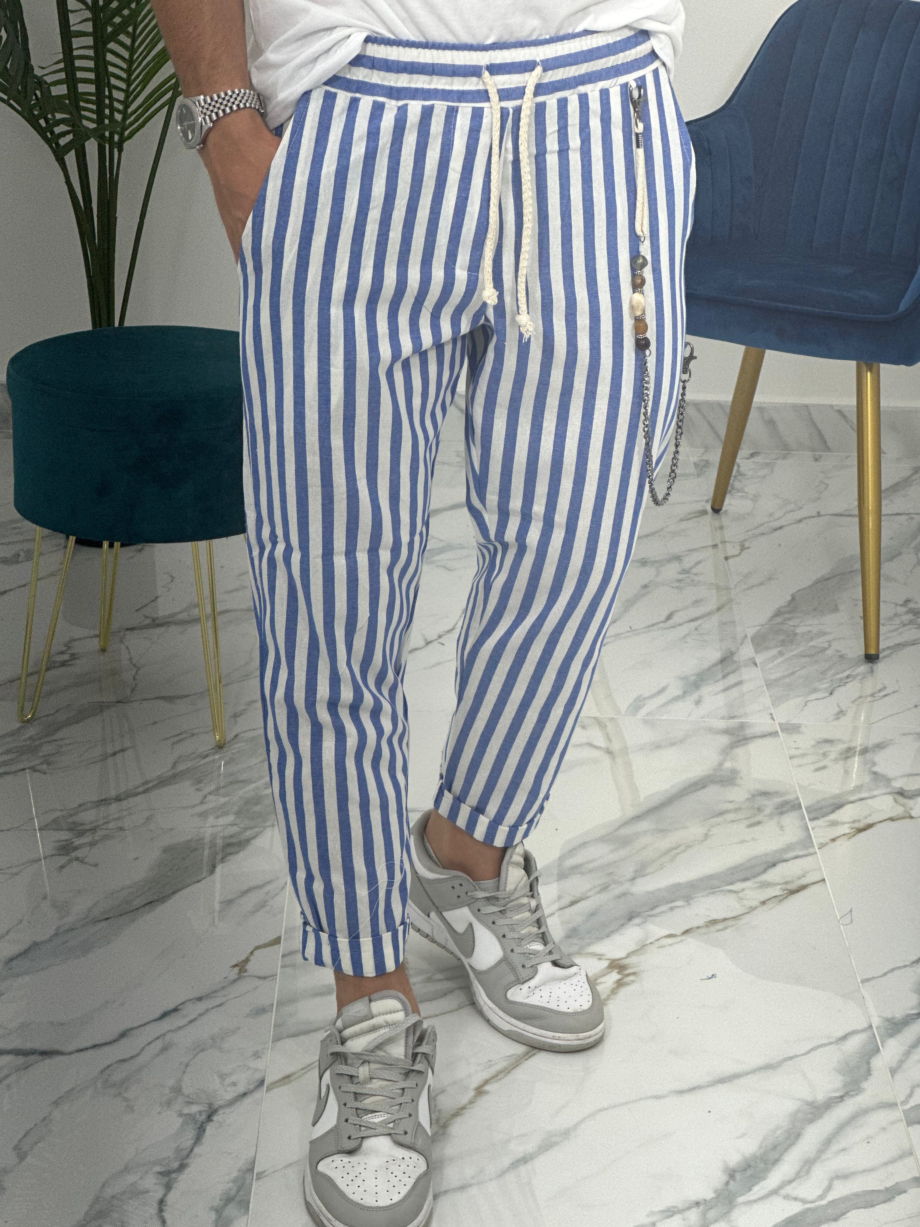 PANTALONE IN LINO A STRISCE RAM50 col.BLU