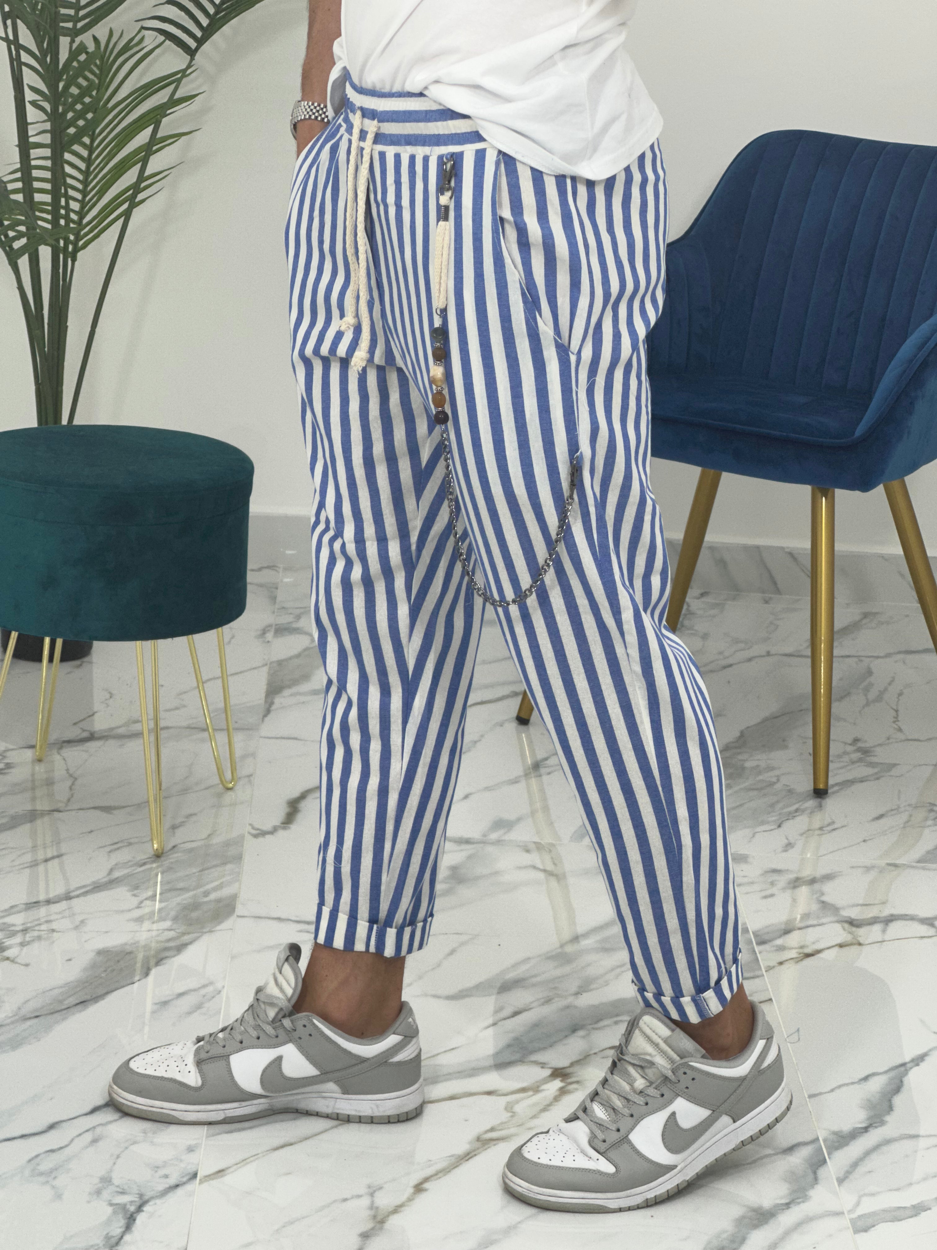 PANTALONE IN LINO A STRISCE RAM50 col.BLU