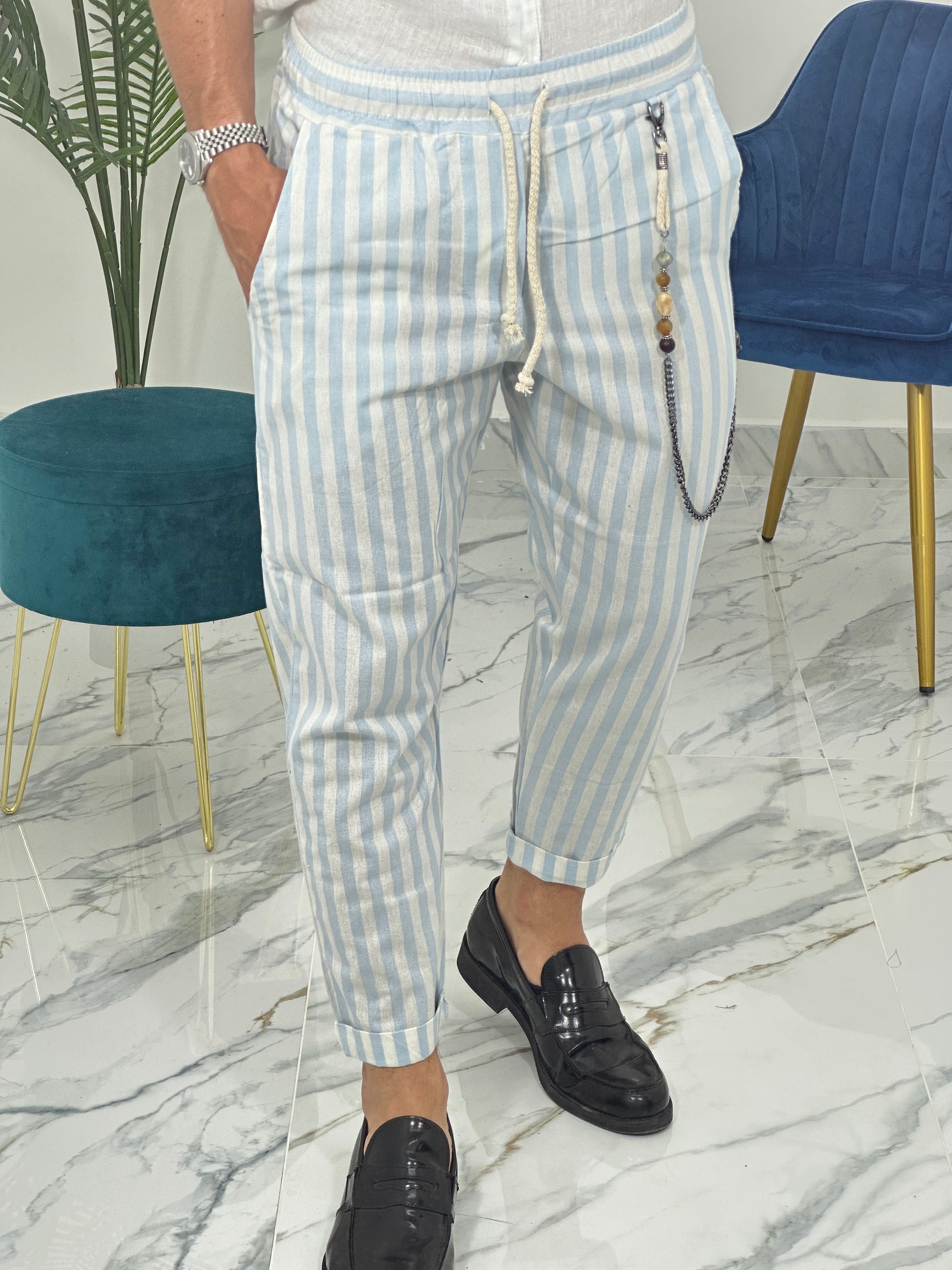 PANTALONE IN LINO A STRISCE RAM50 col.TURCHESE