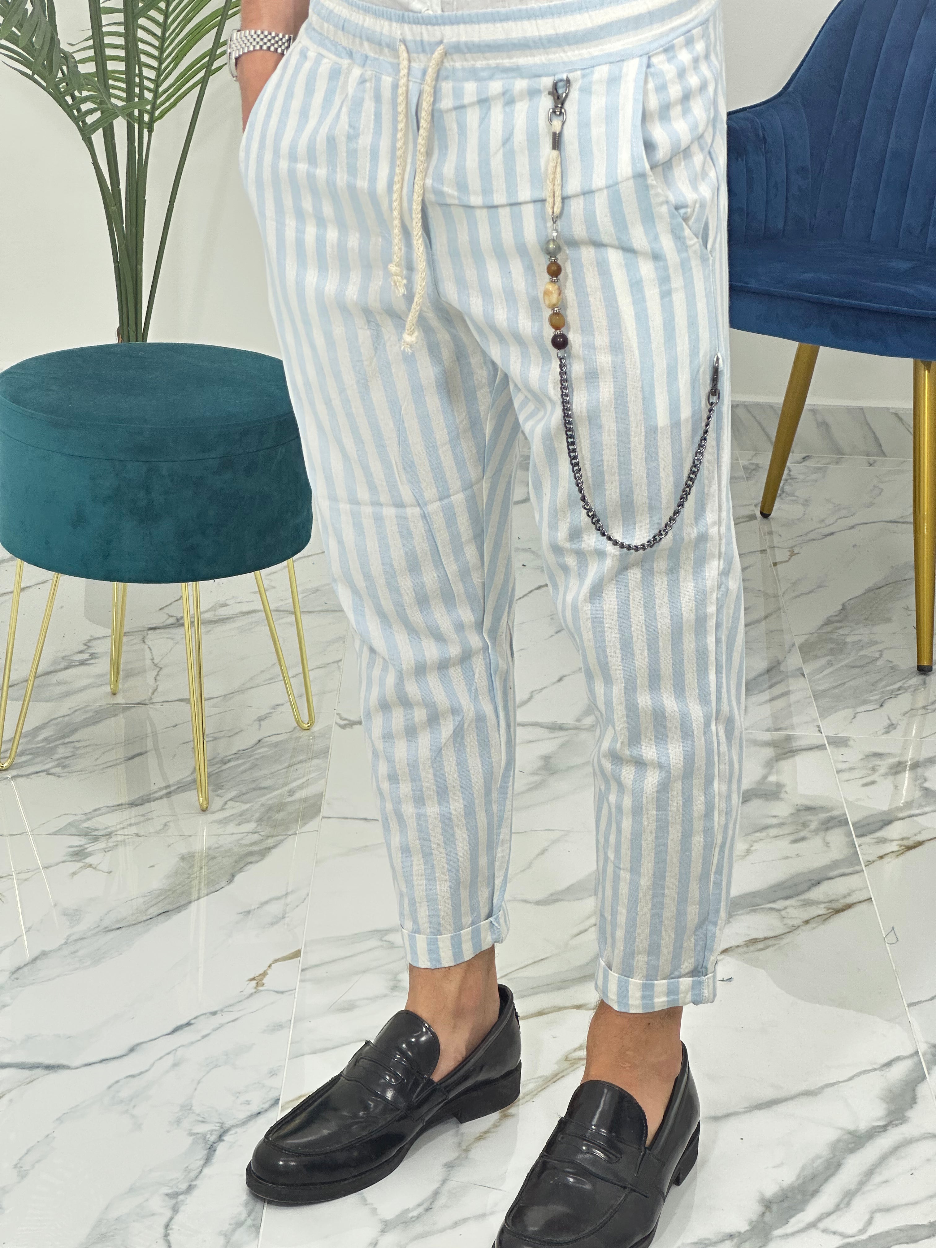 PANTALONE IN LINO A STRISCE RAM50 col.TURCHESE