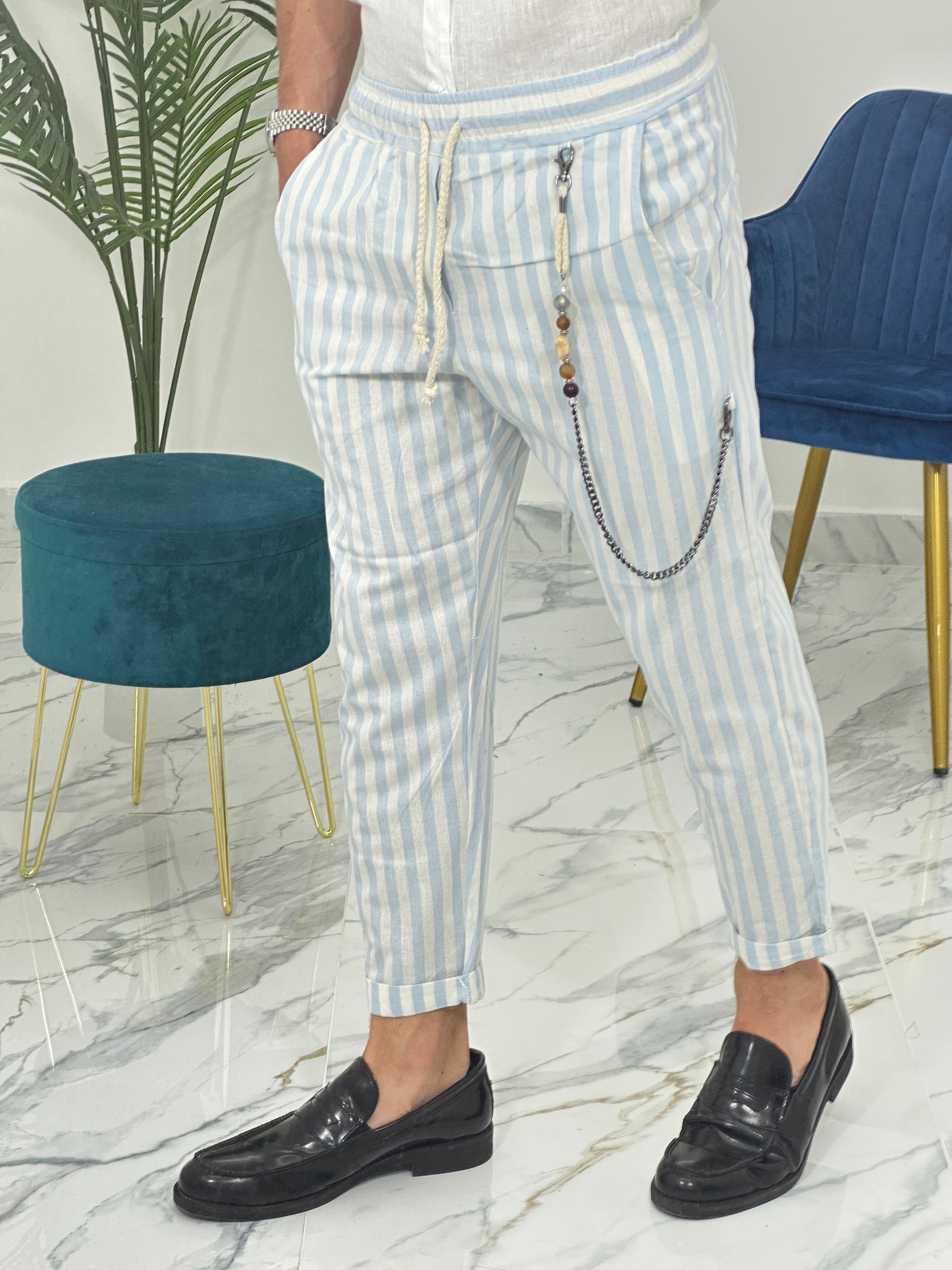 PANTALONE IN LINO A STRISCE RAM50 col.TURCHESE