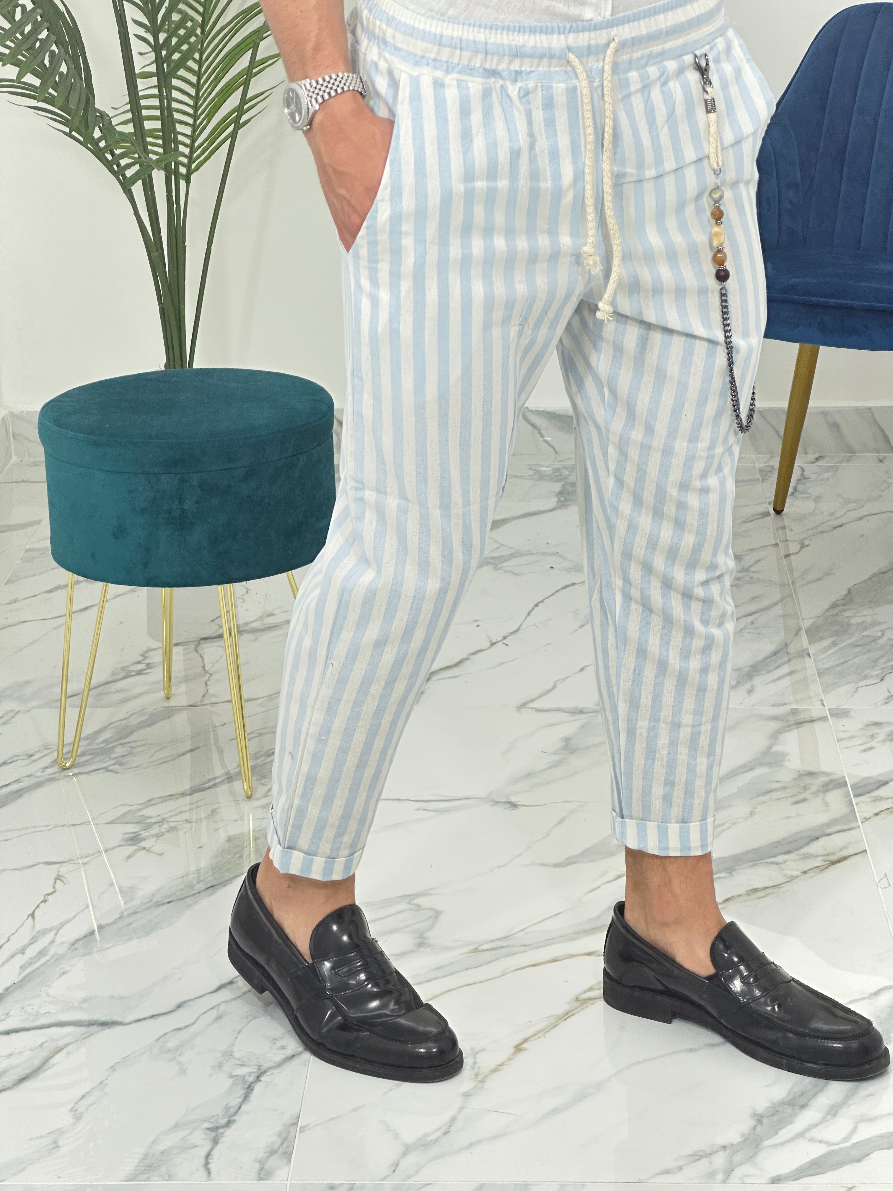 PANTALONE IN LINO A STRISCE RAM50 col.TURCHESE