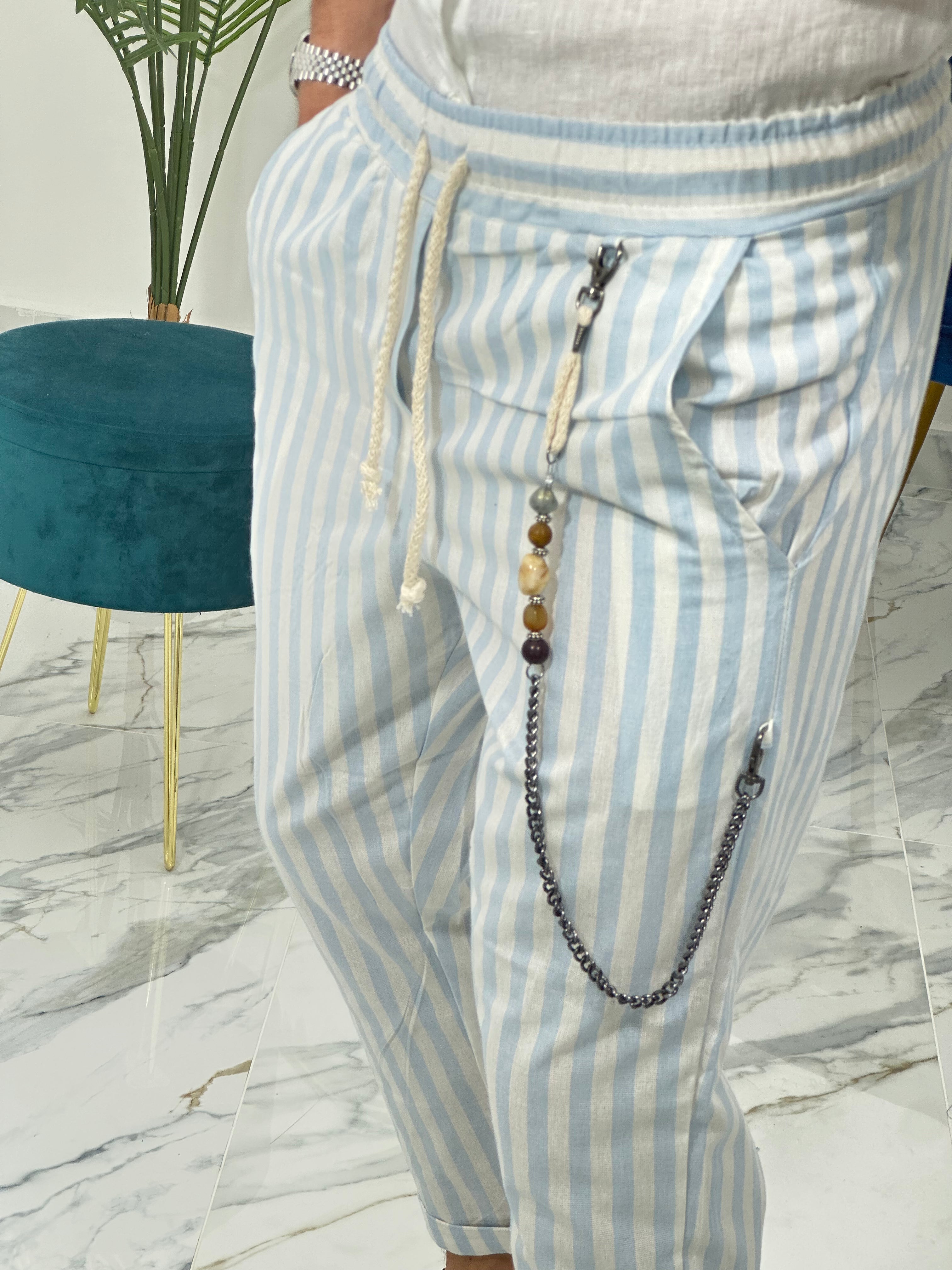 PANTALONE IN LINO A STRISCE RAM50 col.TURCHESE
