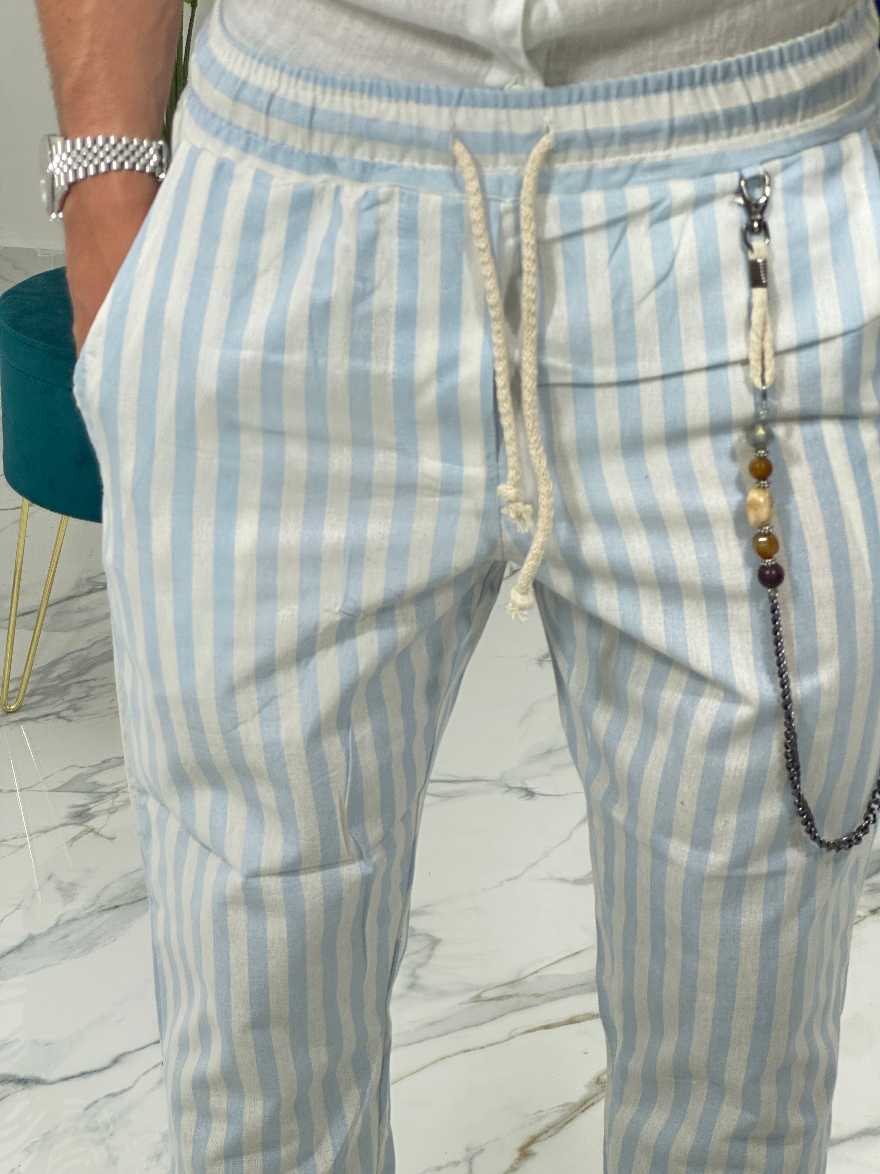 PANTALONE IN LINO A STRISCE RAM50 col.TURCHESE