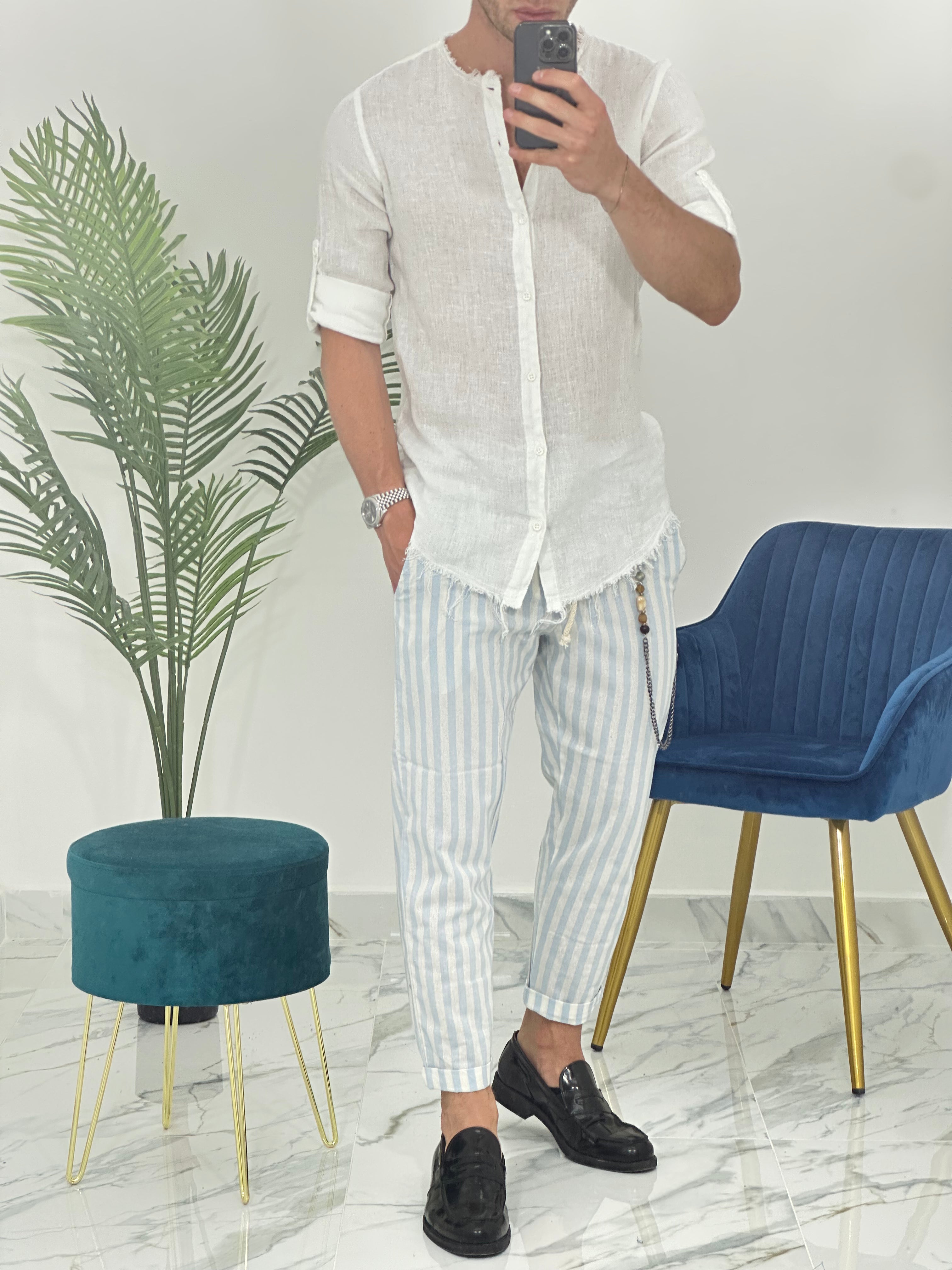 PANTALONE IN LINO A STRISCE RAM50 col.TURCHESE