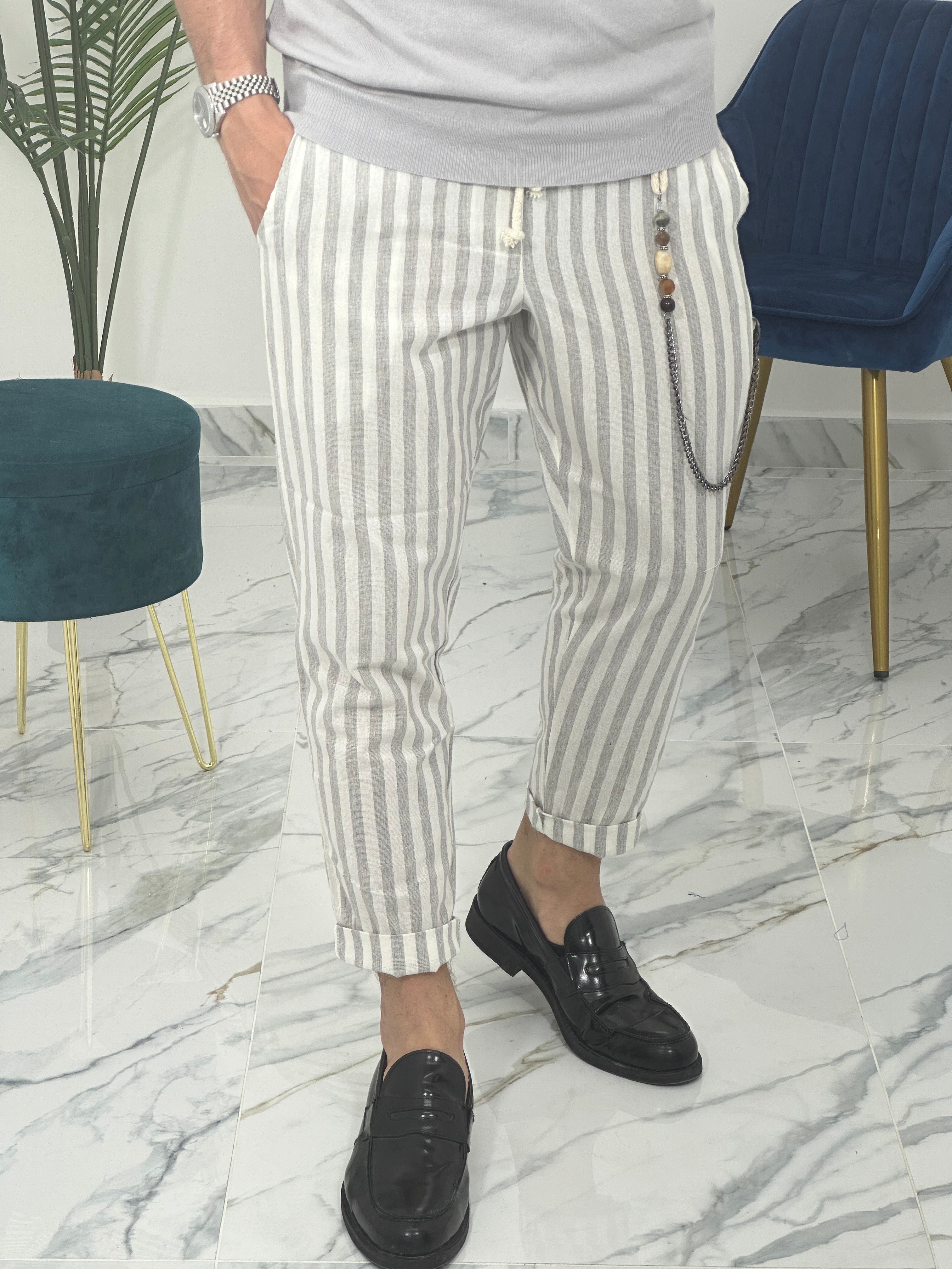 PANTALONE IN LINO A STRISCE RAM50 col.GRIGIO