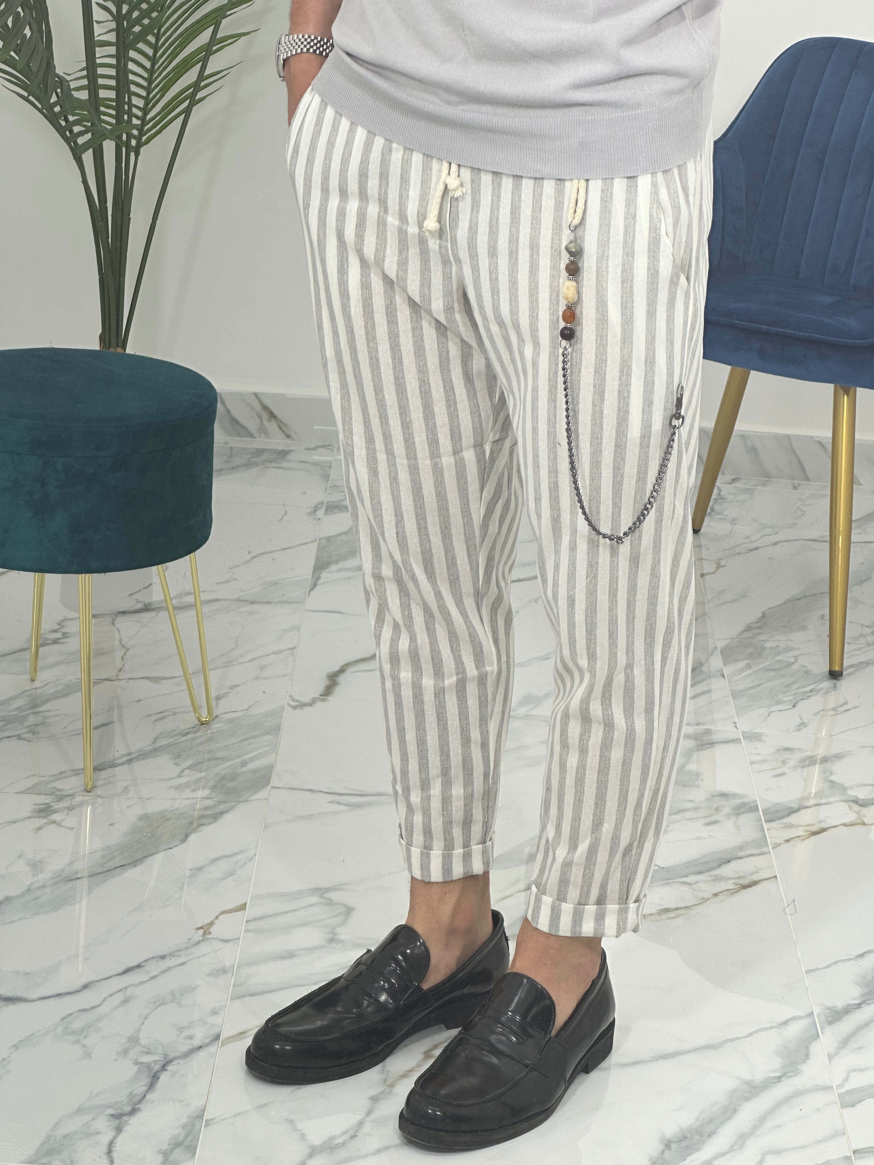 PANTALONE IN LINO A STRISCE RAM50 col.GRIGIO