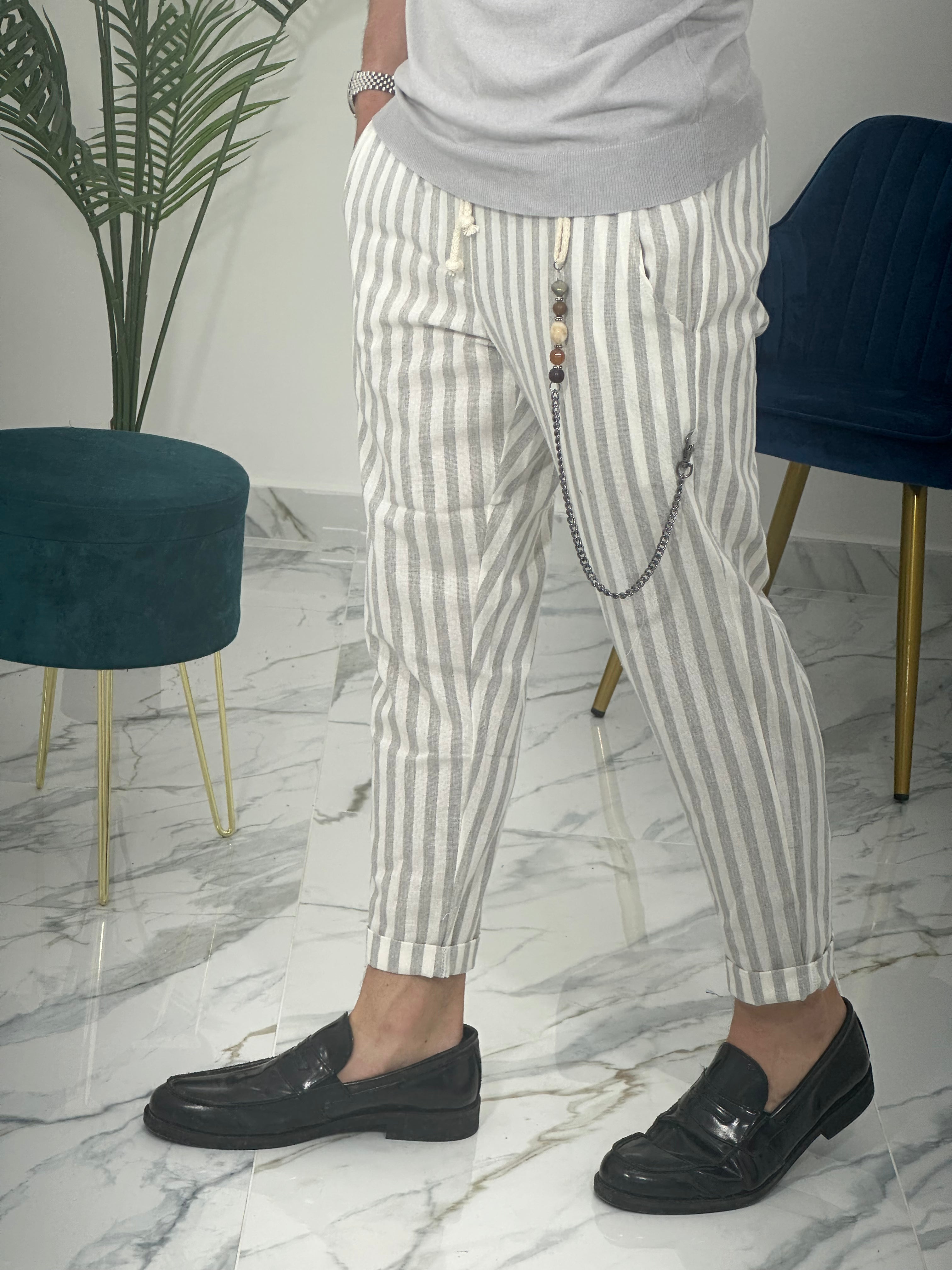 PANTALONE IN LINO A STRISCE RAM50 col.GRIGIO