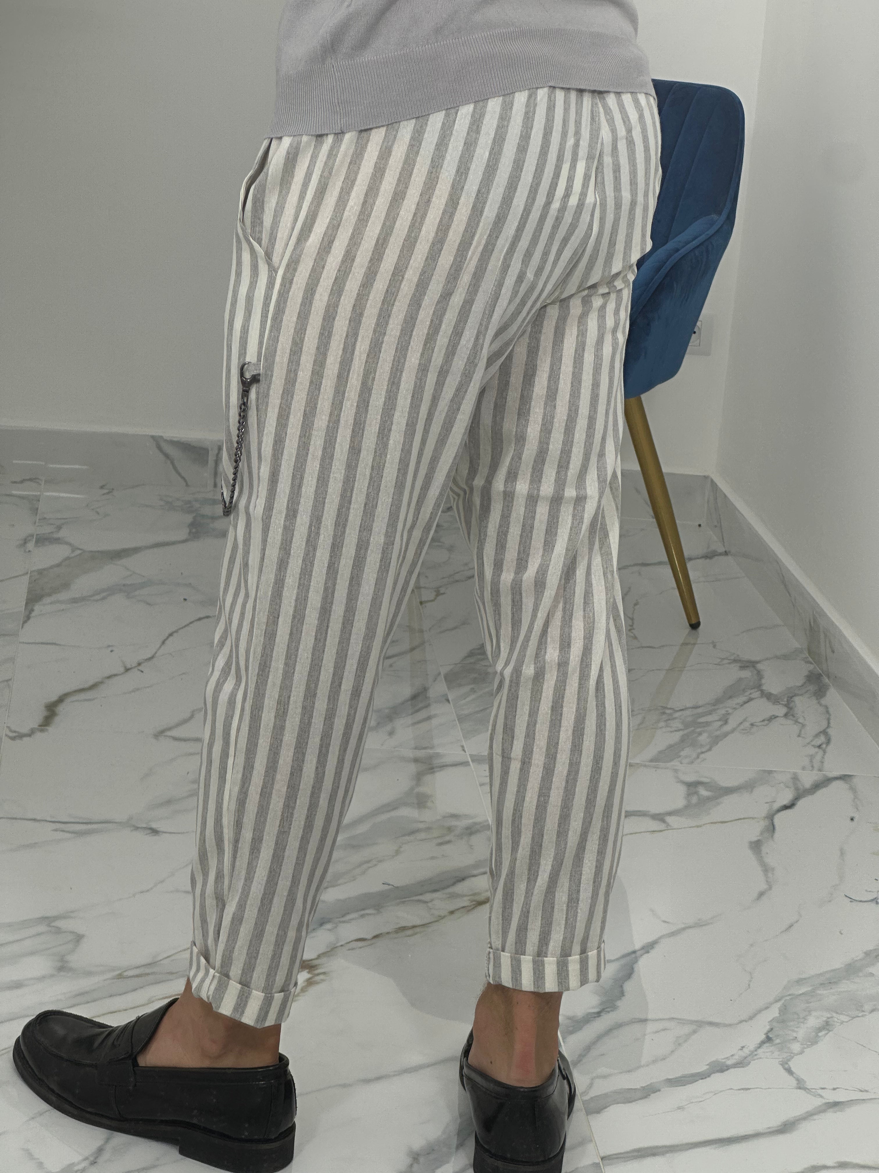PANTALONE IN LINO A STRISCE RAM50 col.GRIGIO