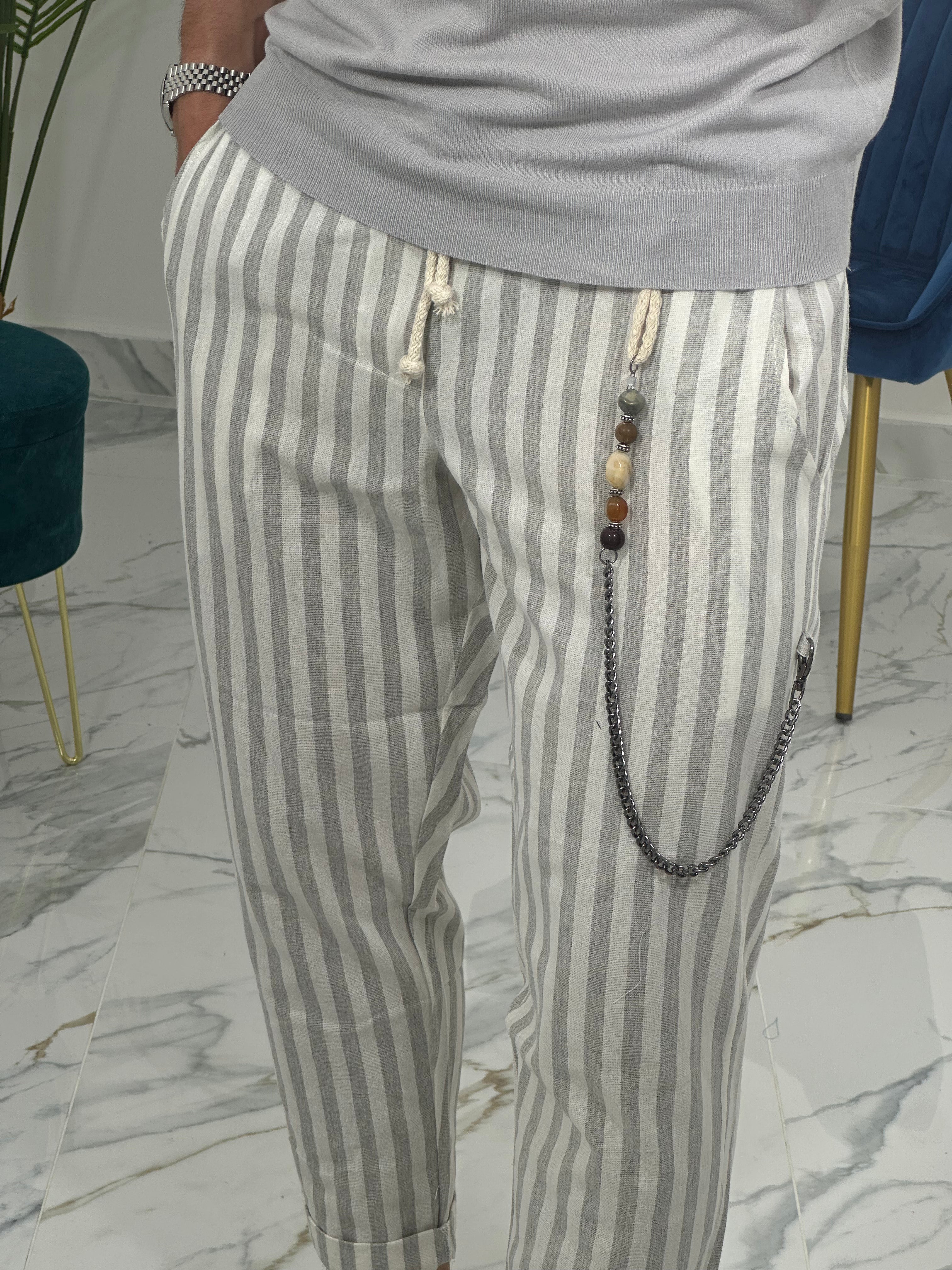 PANTALONE IN LINO A STRISCE RAM50 col.GRIGIO