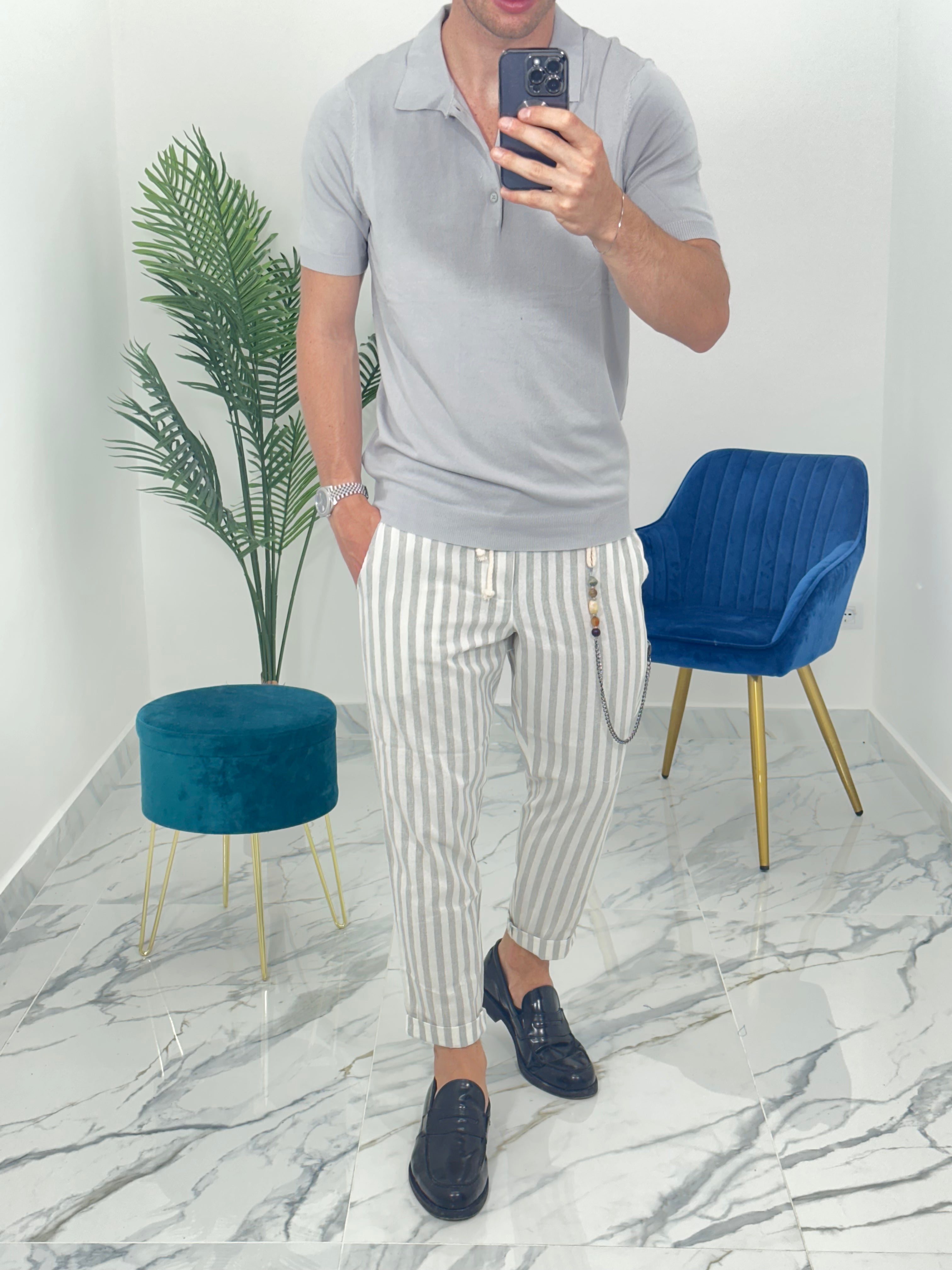 PANTALONE IN LINO A STRISCE RAM50 col.GRIGIO