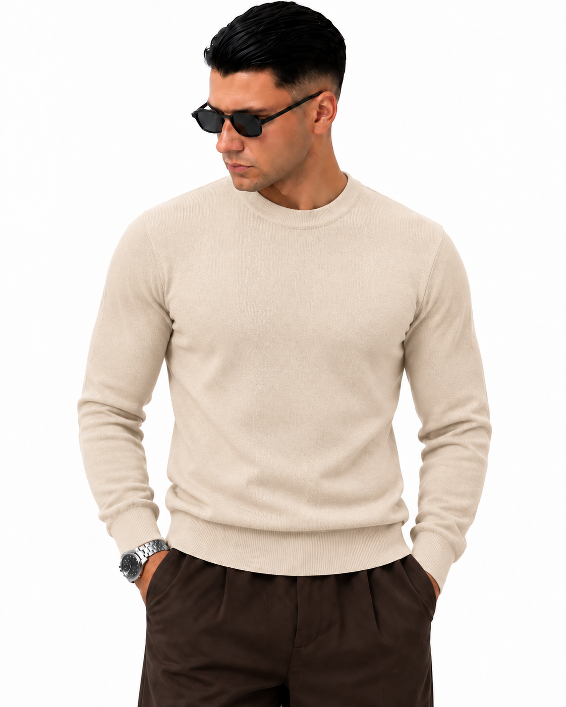 Maglioncino in filo - Beige - FRONTE - vestibilità slim