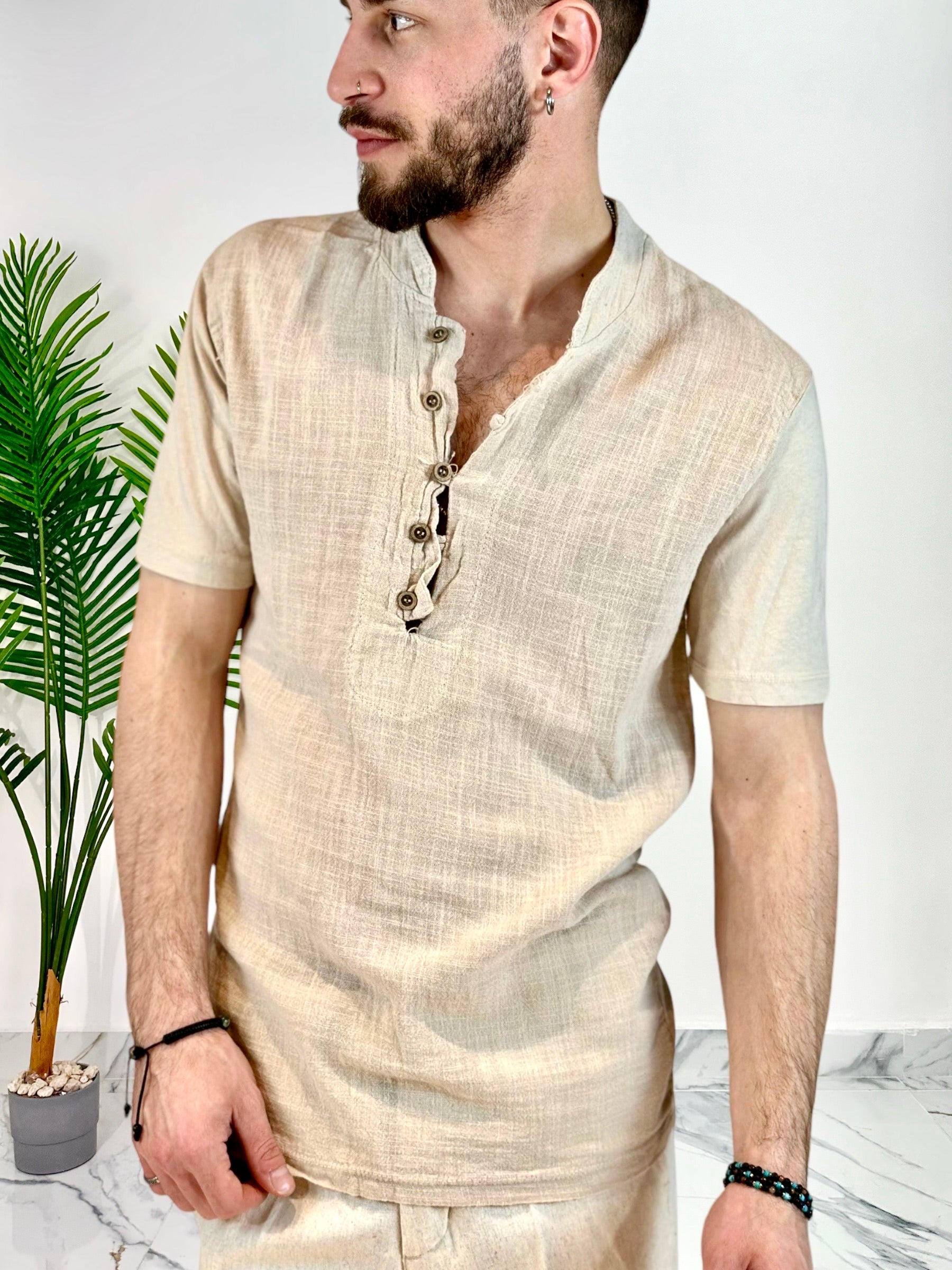 T-SHIRT IN LINO 5 BOTTONI COL.SABBIA
