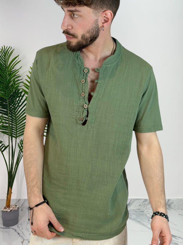 T-SHIRT IN LINO 5 BOTTONI COL.VERDE