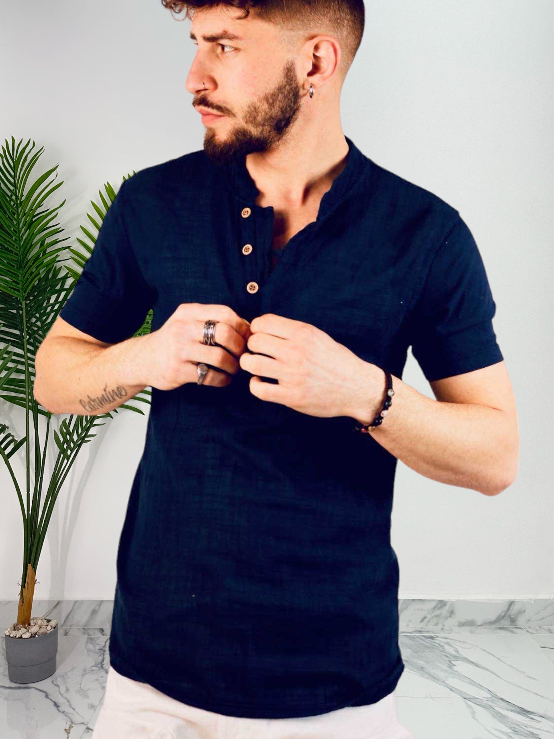 T-SHIRT IN LINO 5 BOTTONI COL.BLU