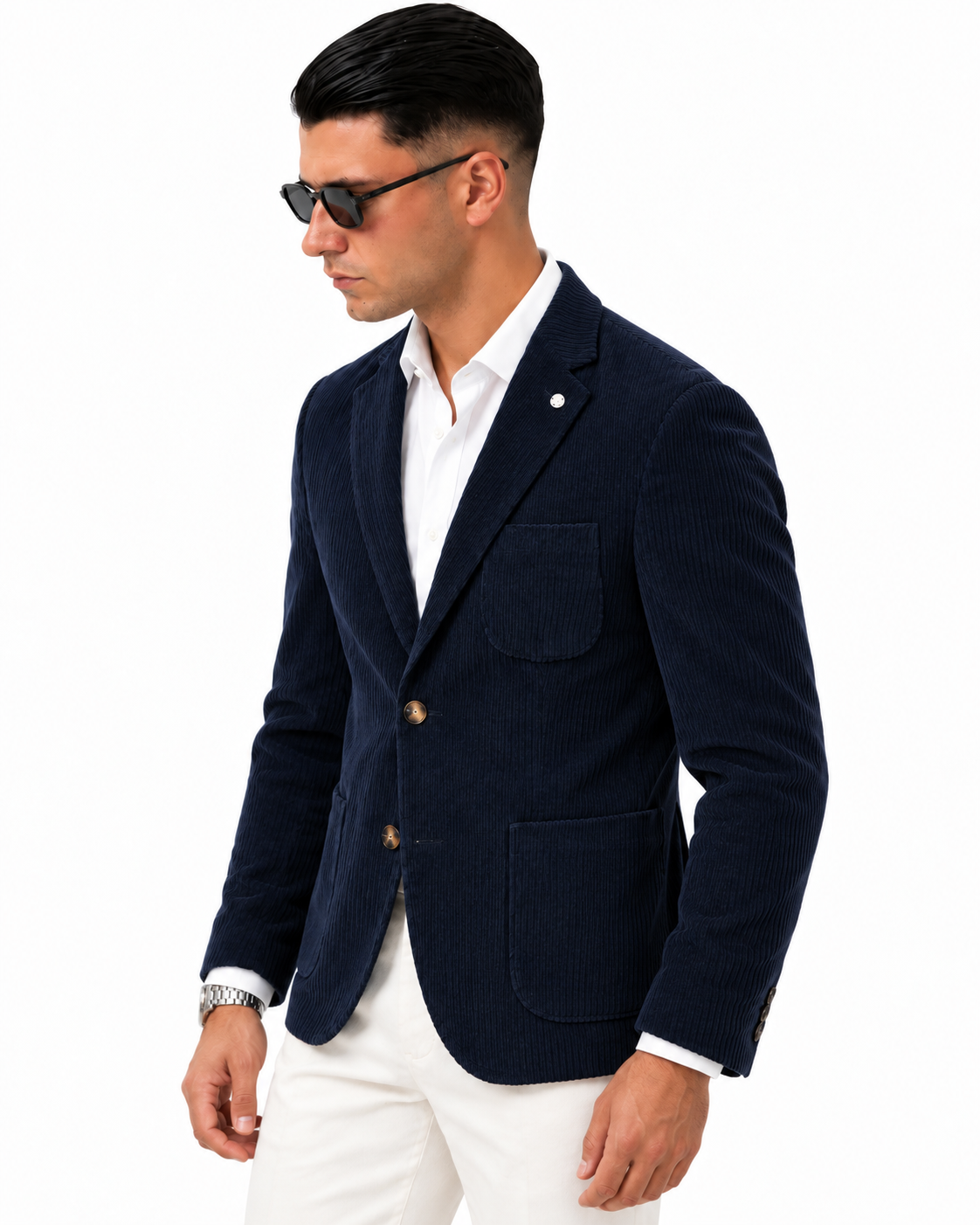 Giacca Old Money in velluto Blu navy, vista lato