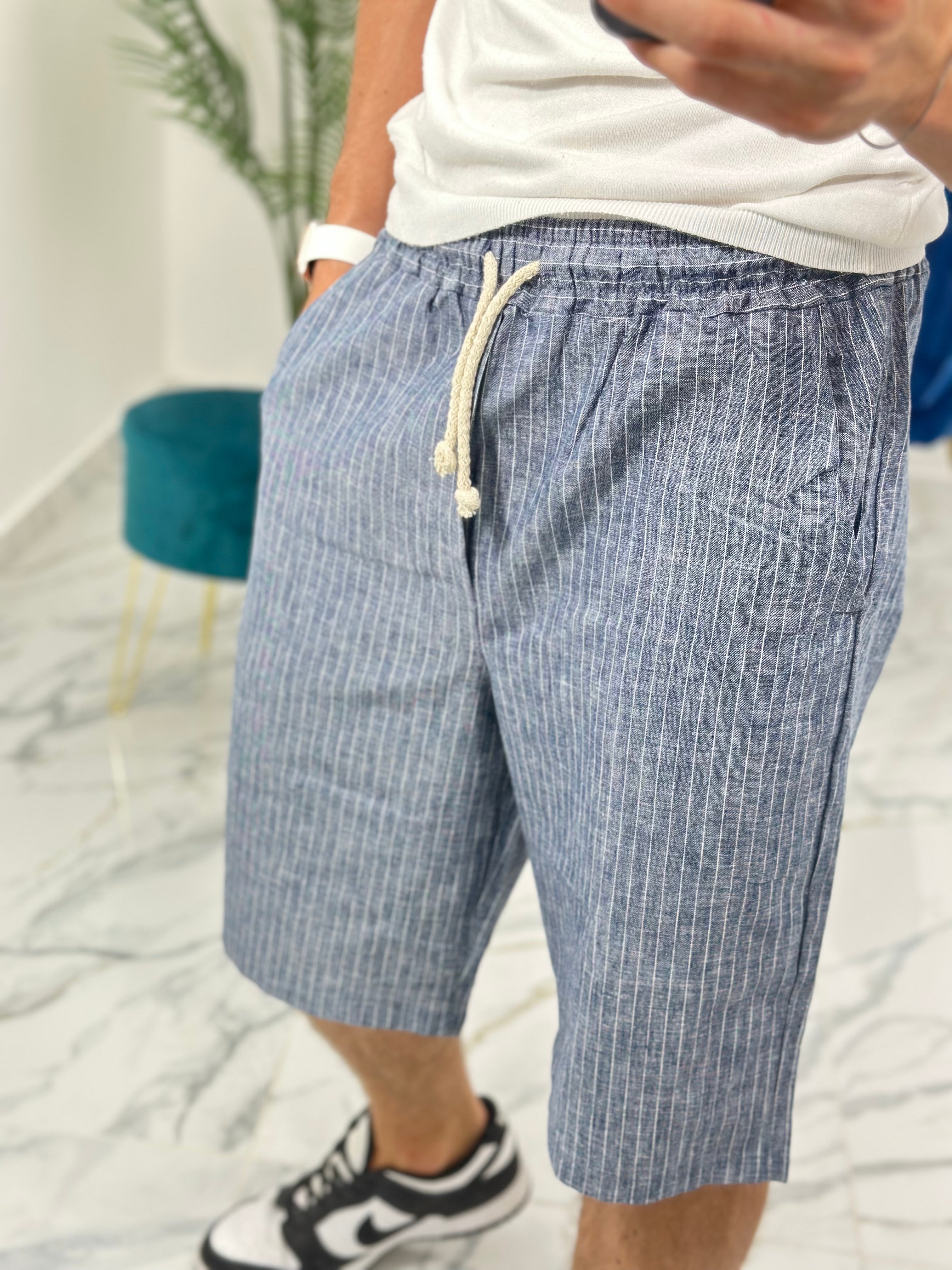 BERMUDA IN LINO RIGATA 397 col.BLU
