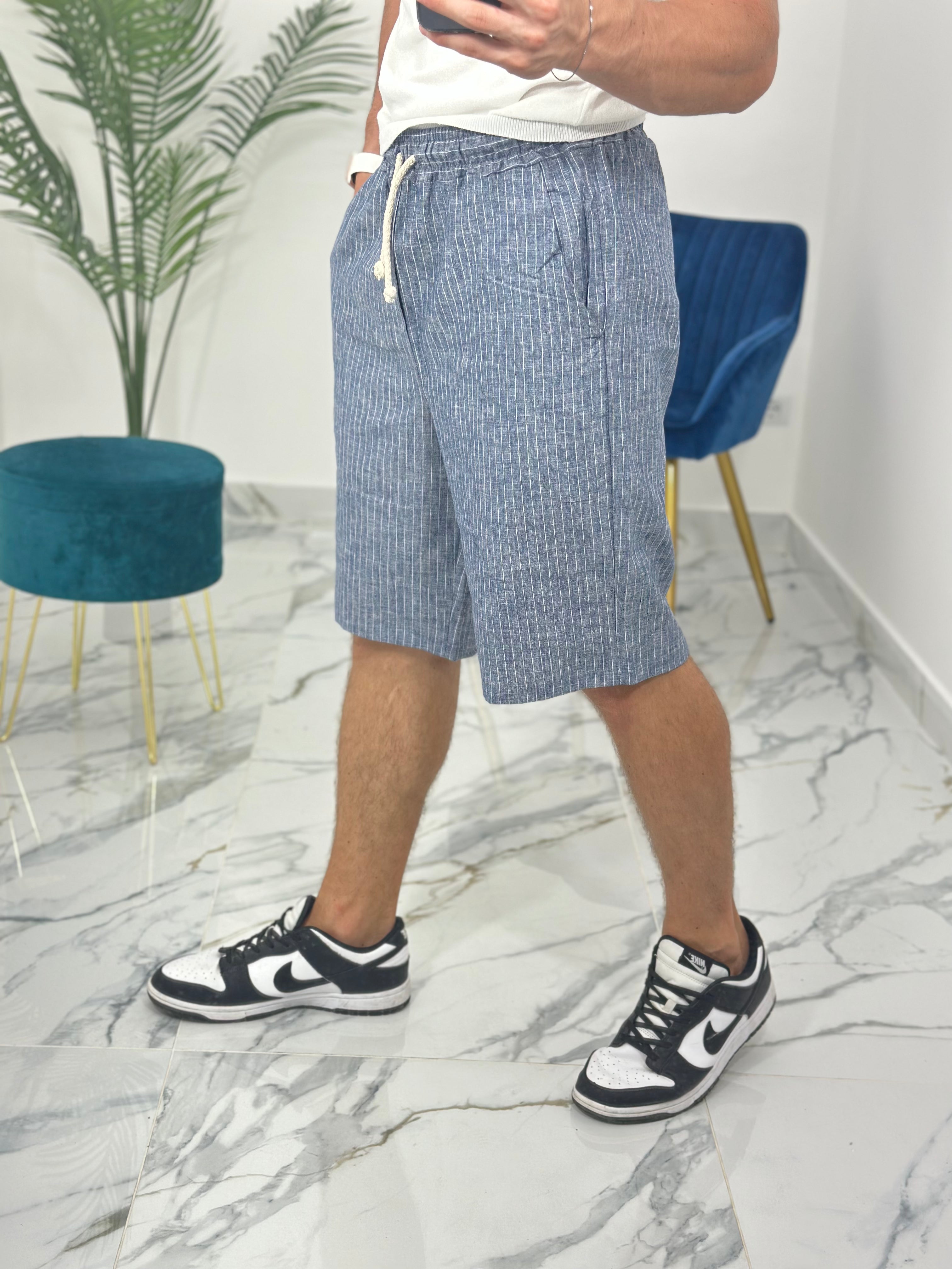 BERMUDA IN LINO RIGATA 397 col.BLU