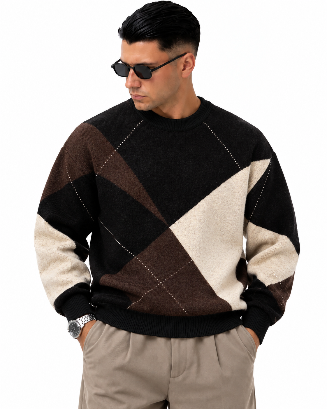 Maglione Geometry nero marrone crema — fronte