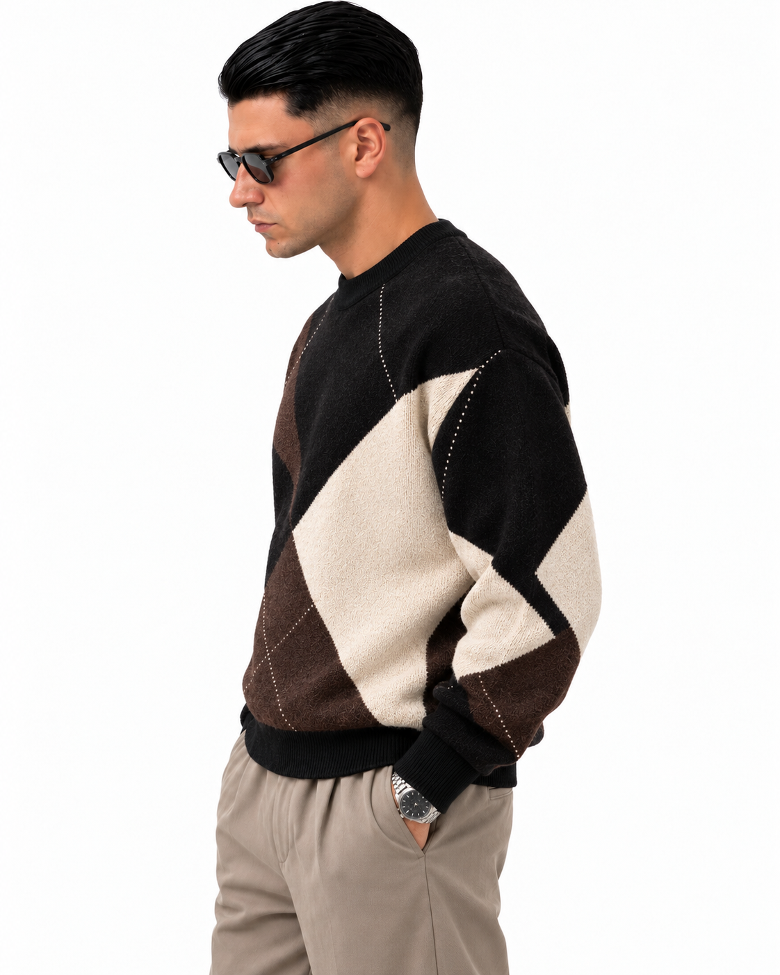 Maglione Geometry nero marrone crema — lato