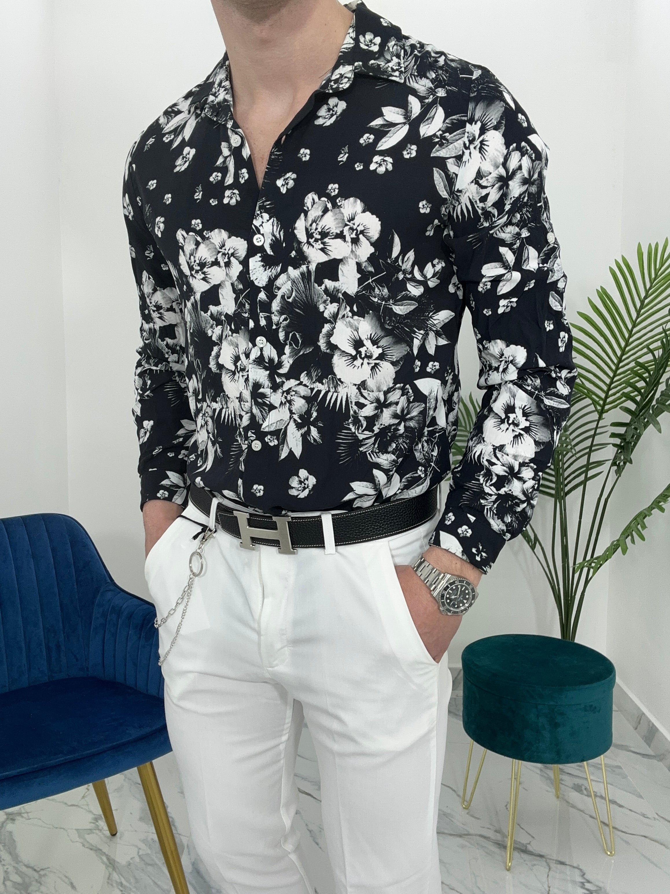 CAMICIA FLOWER IN VISCOSA COL.NERO