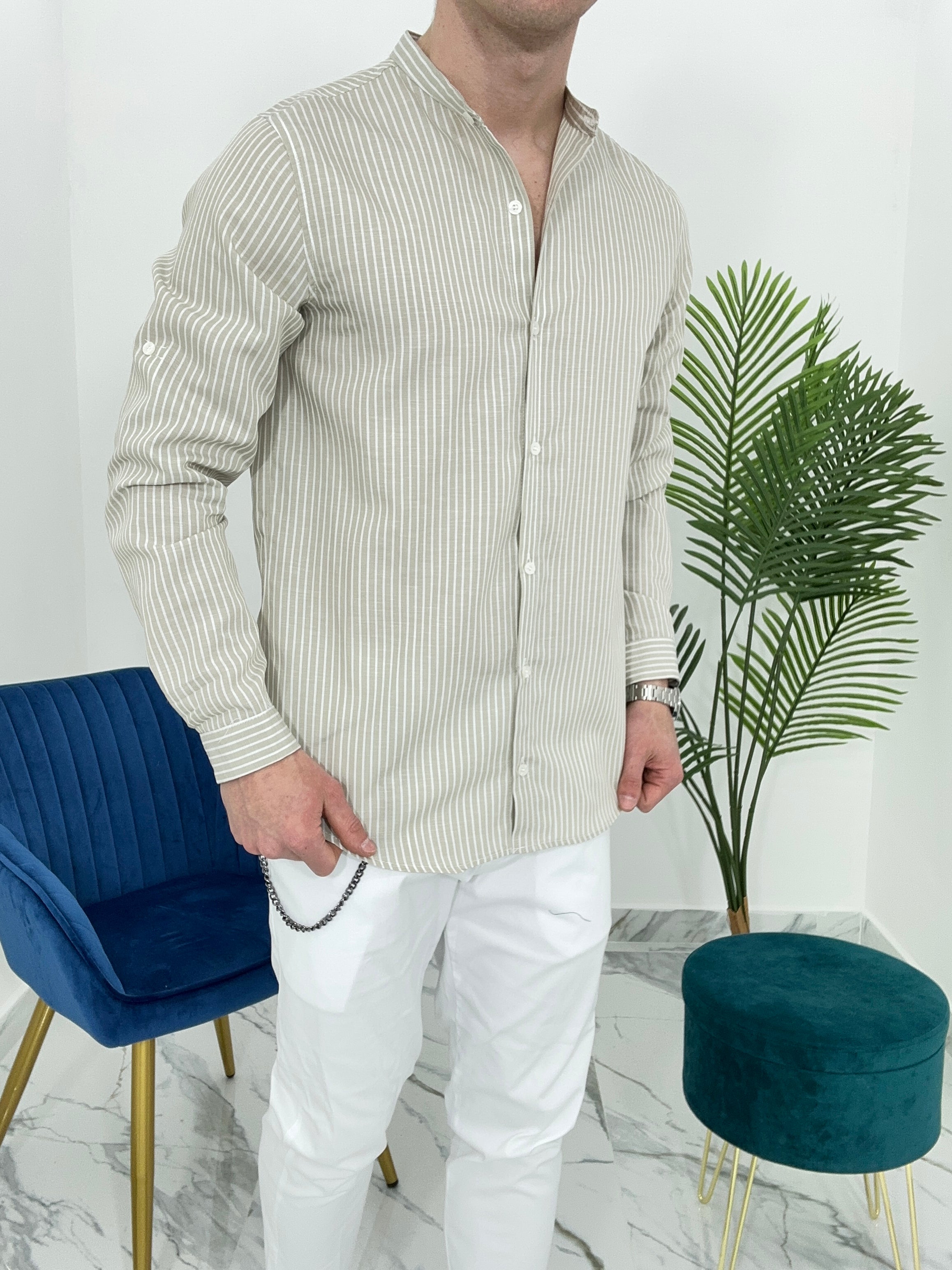 CAMICIA IN LINO A RIGHE col.BEIGE