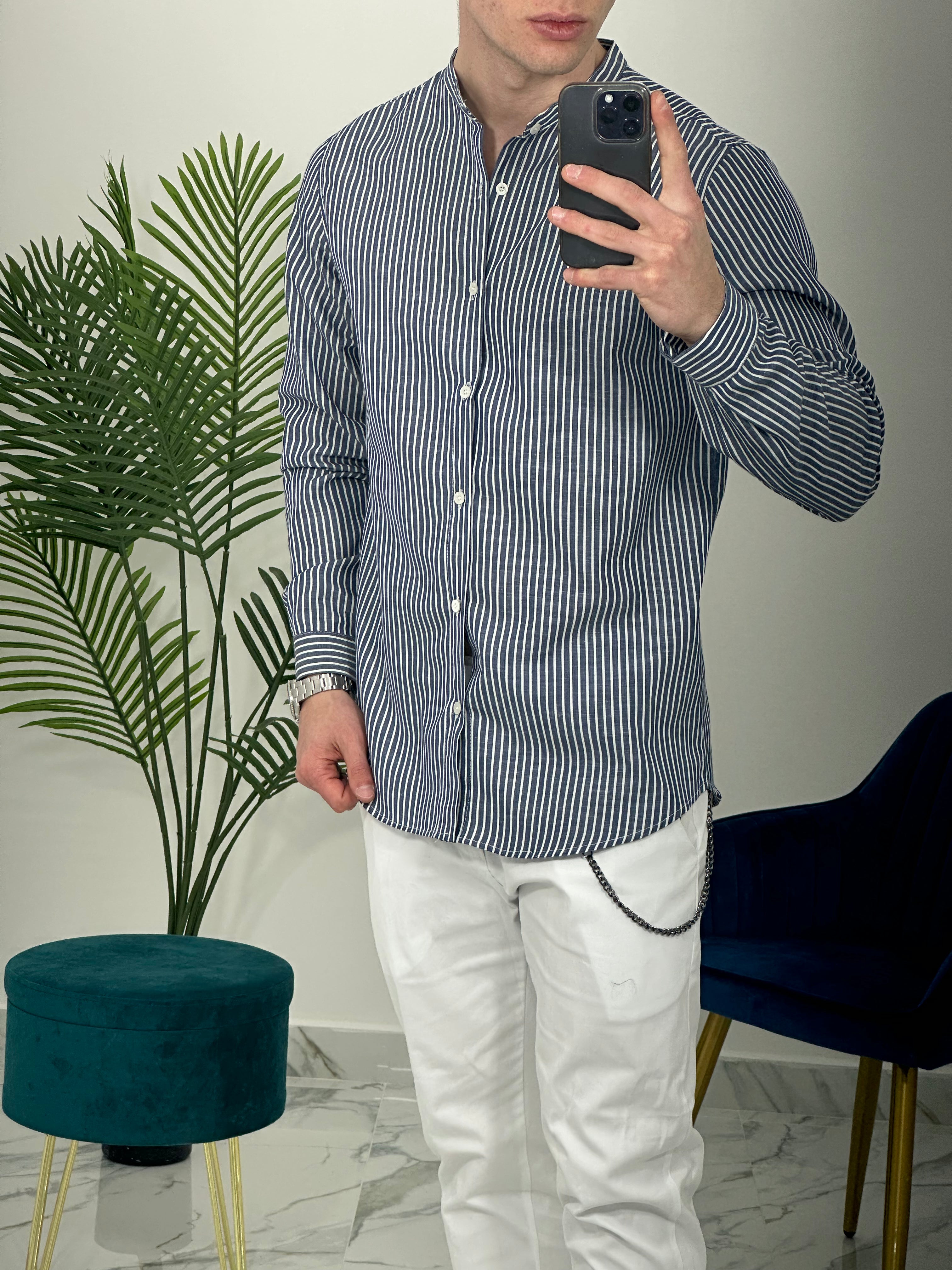CAMICIA IN LINO A RIGHE col.BLU