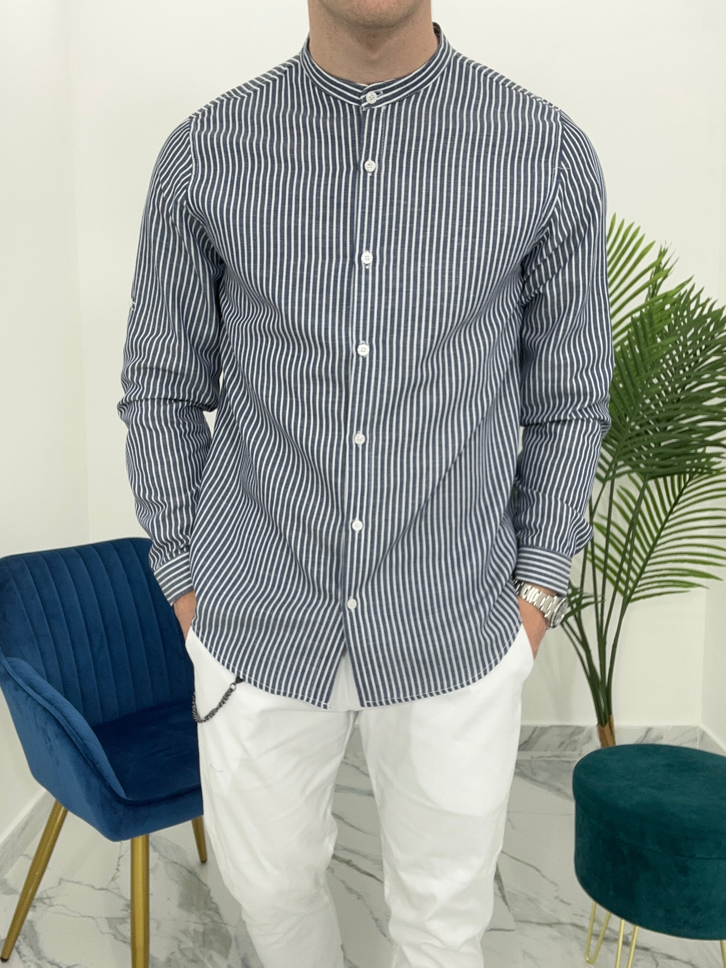 CAMICIA IN LINO A RIGHE col.BLU