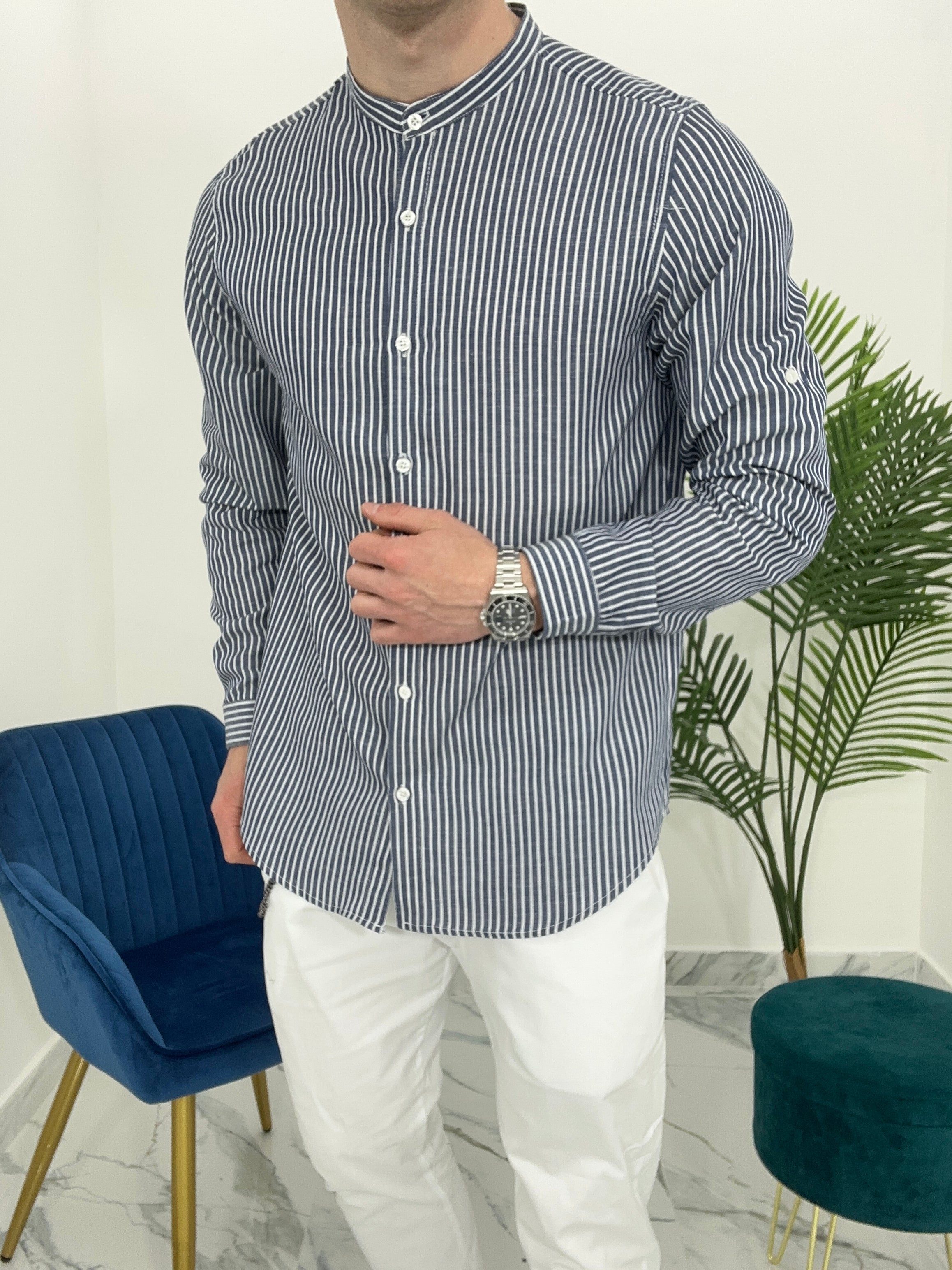 CAMICIA IN LINO A RIGHE col.BLU