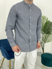 CAMICIA IN LINO A RIGHE col.BLU